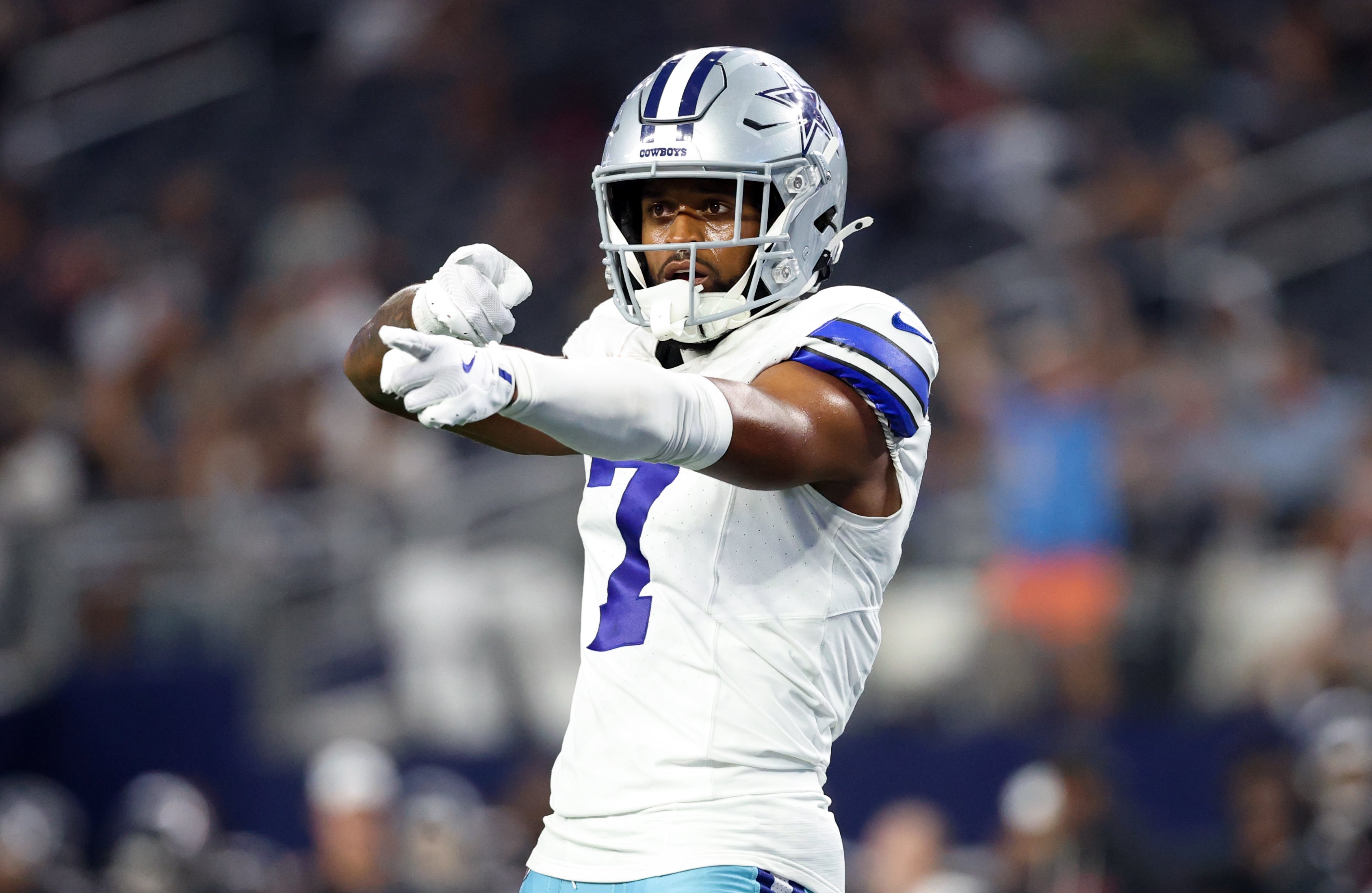 Dallas Cowboys wide receiver Traeshon Holden (7) reacts during the second half against the Atlanta Falcons at AT&T Stadium.