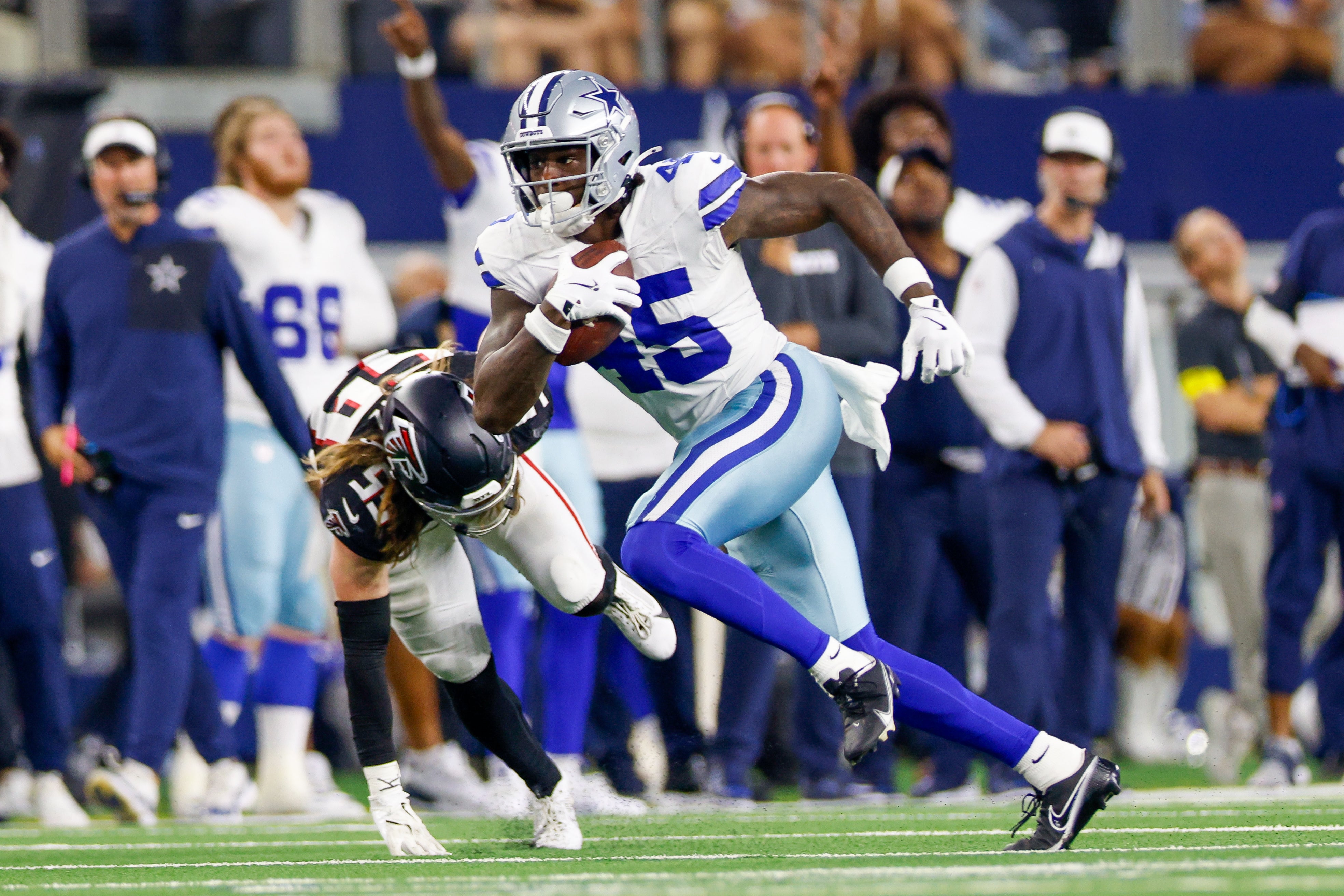 Dallas Cowboys tight end Rivaldo Fairweather (45) carries the ball with the ball during the fourth quarter against the Atlanta Falcons at AT&T Stadium.