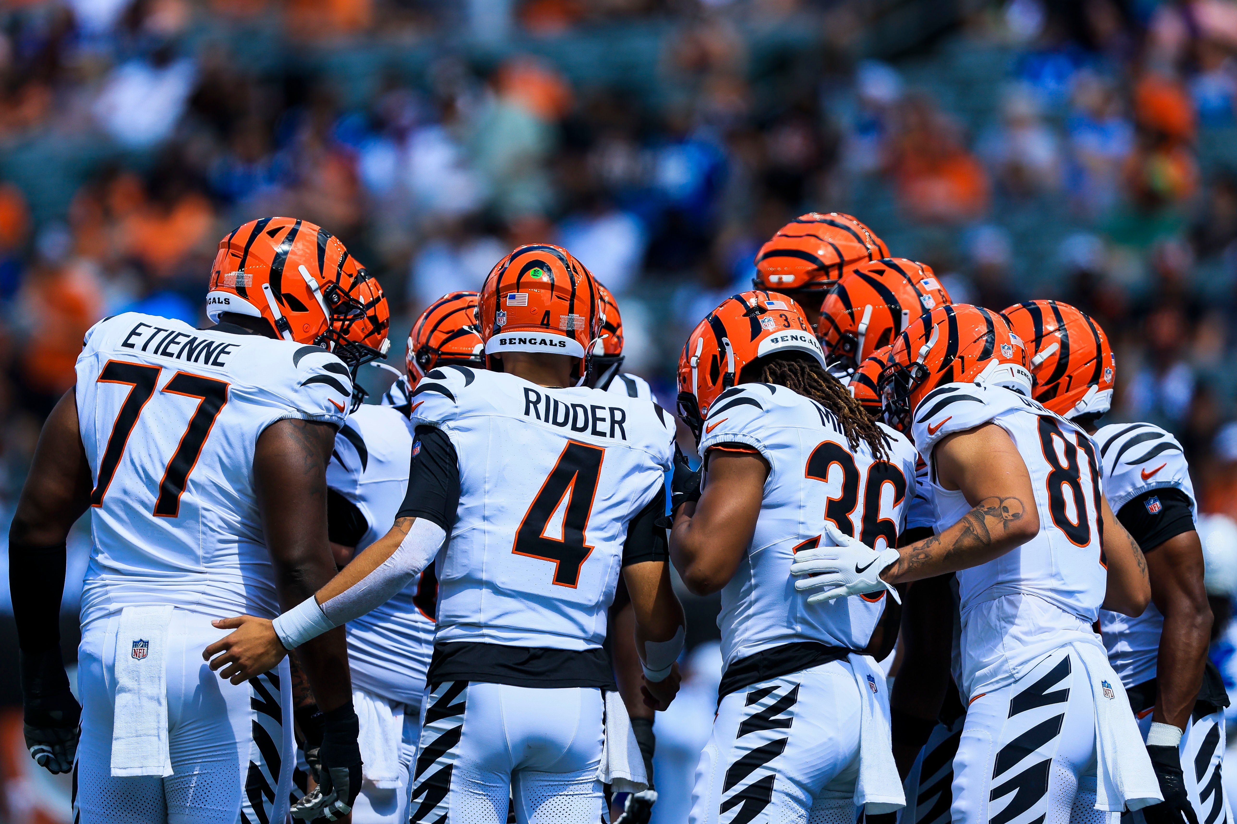 Aug 23, 2025; Cincinnati, Ohio, USA; Members of the Cincinnati Bengals huddle in the first half against the Indianapolis Colts at Paycor Stadium
