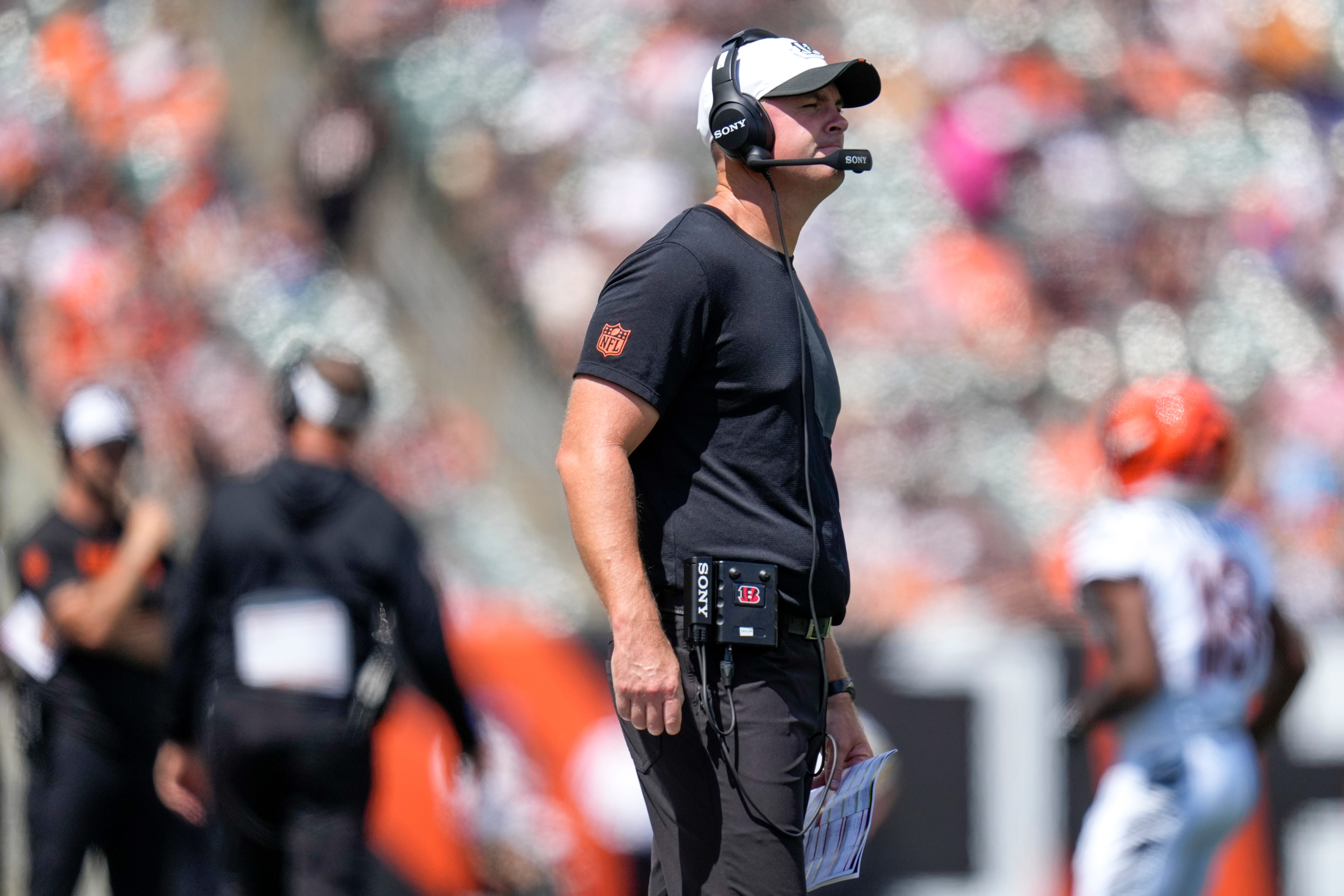 Cincinnati Bengals head coach Zac Taylor looks on from the sideline in the second quarter of the NFL Preseason Week 3 game between the Cincinnati Bengals and the Indianapolis Colts at Paycor Stadium in Cincinnati on Saturday, Aug. 23, 2025. The Colts led 24-7 at halftime.