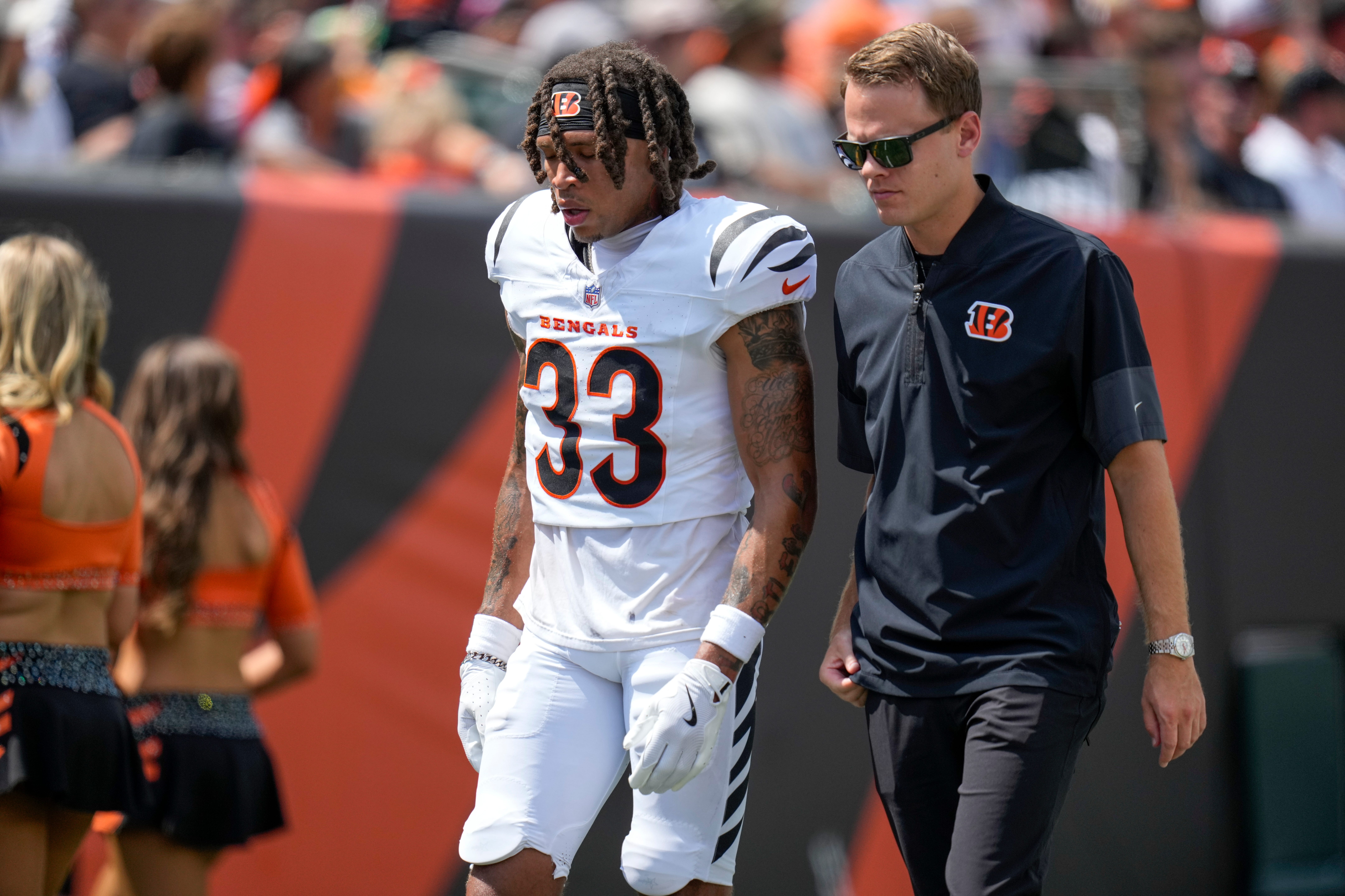 Cincinnati Bengals safety Daijahn Anthony (33) walks for the locker room in the second quarter of the NFL Preseason Week 3 game between the Cincinnati Bengals and the Indianapolis Colts at Paycor Stadium in Cincinnati on Saturday, Aug. 23, 2025. The Colts led 24-7 at halftime.