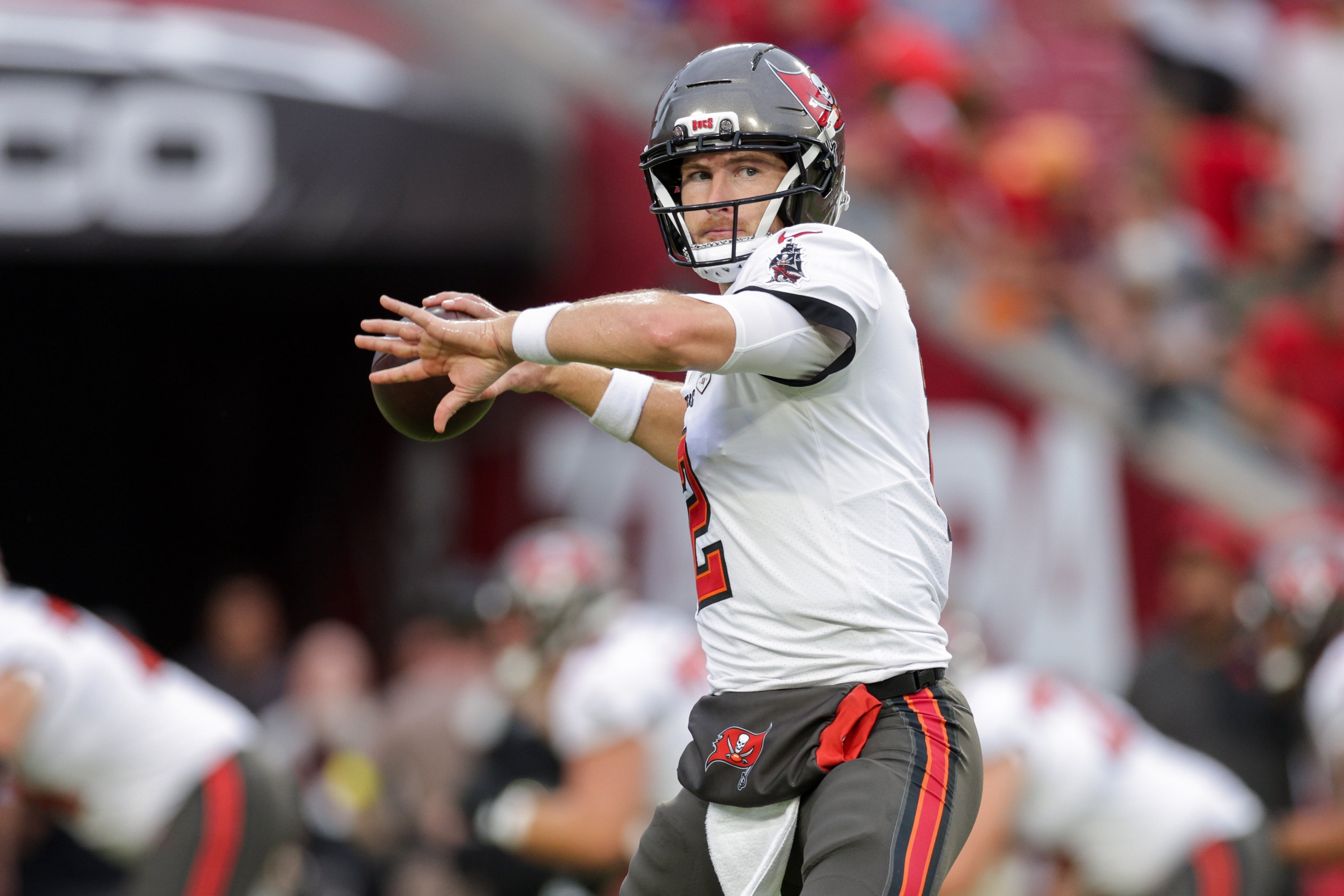 Aug 23, 2025; Tampa, Florida, USA; Tampa Bay Buccaneers quarterback Kyle Trask (2) warms up before a game against the Buffalo Bills at Raymond James Stadium.