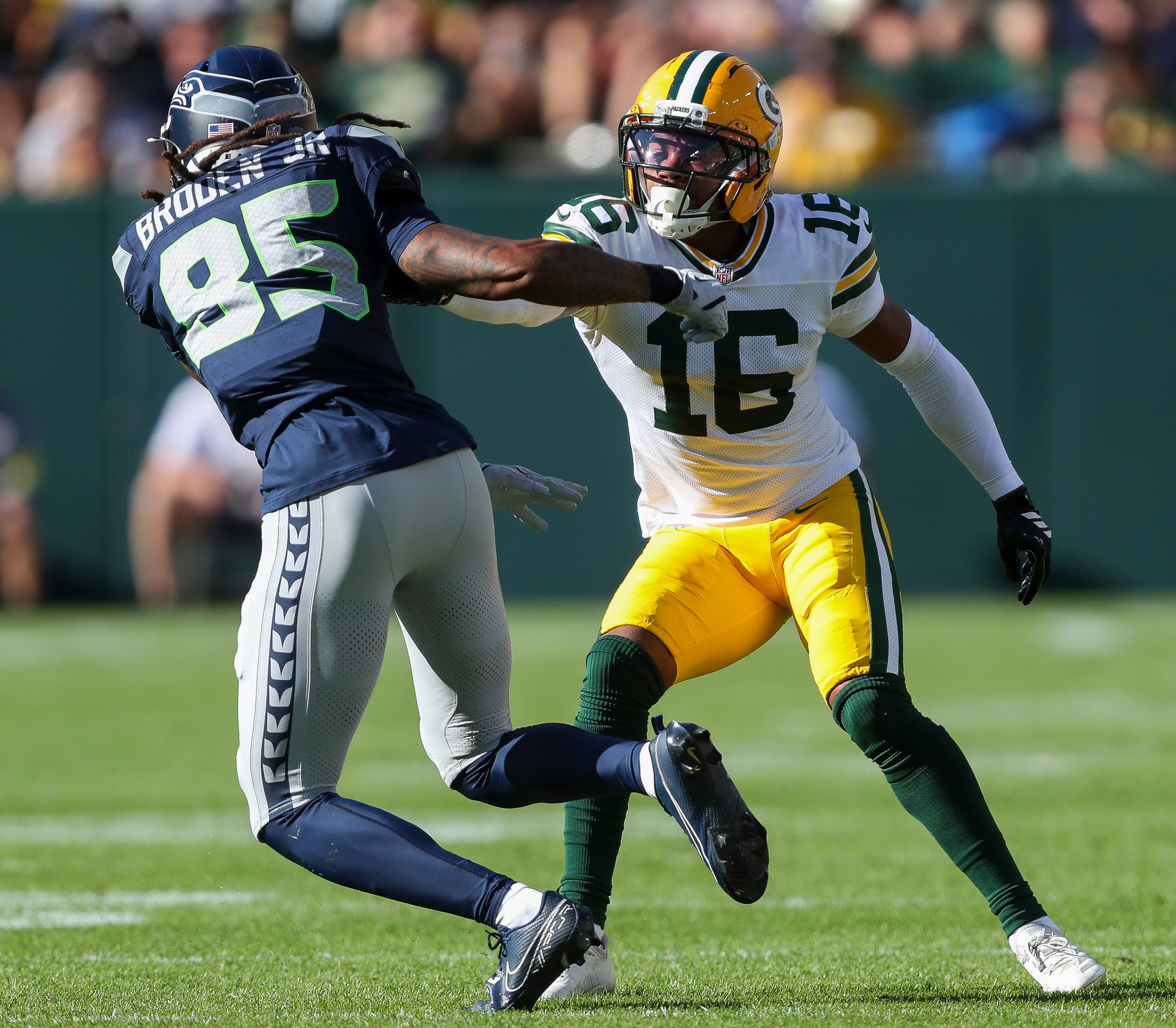 Green Bay Packers cornerback Bo Melton (16) defends Seattle Seahawks wide receiver Tyrone Broden (85) during their final preseason game on Saturday, August 23, 2025, at Lambeau Field in Green Bay, Wis. The Packers won the game, 20-7.