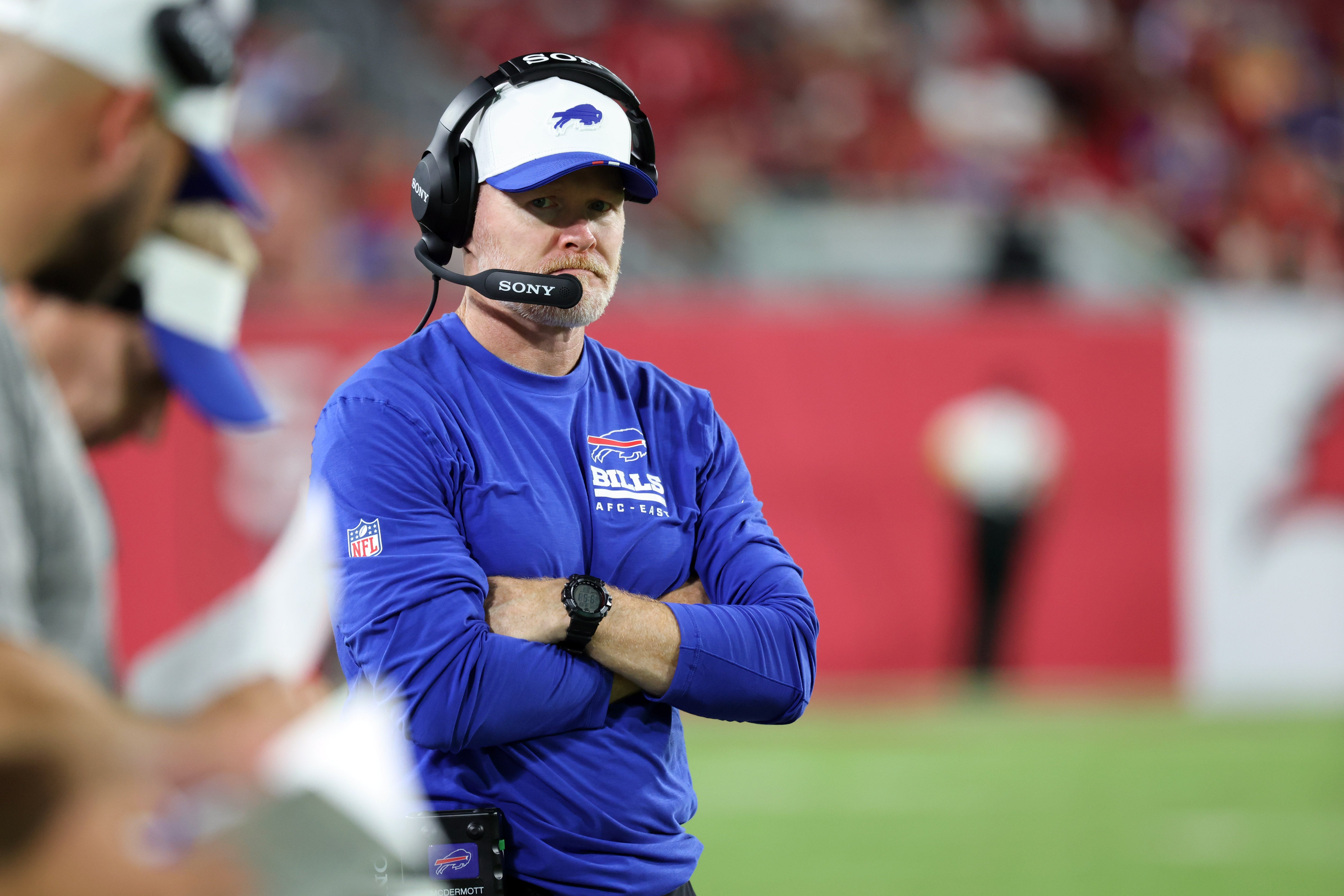 Aug 23, 2025; Tampa, Florida, USA; Buffalo Bills head coach Sean McDermott against the Tampa Bay Buccaneers during the second half at Raymond James Stadium.
