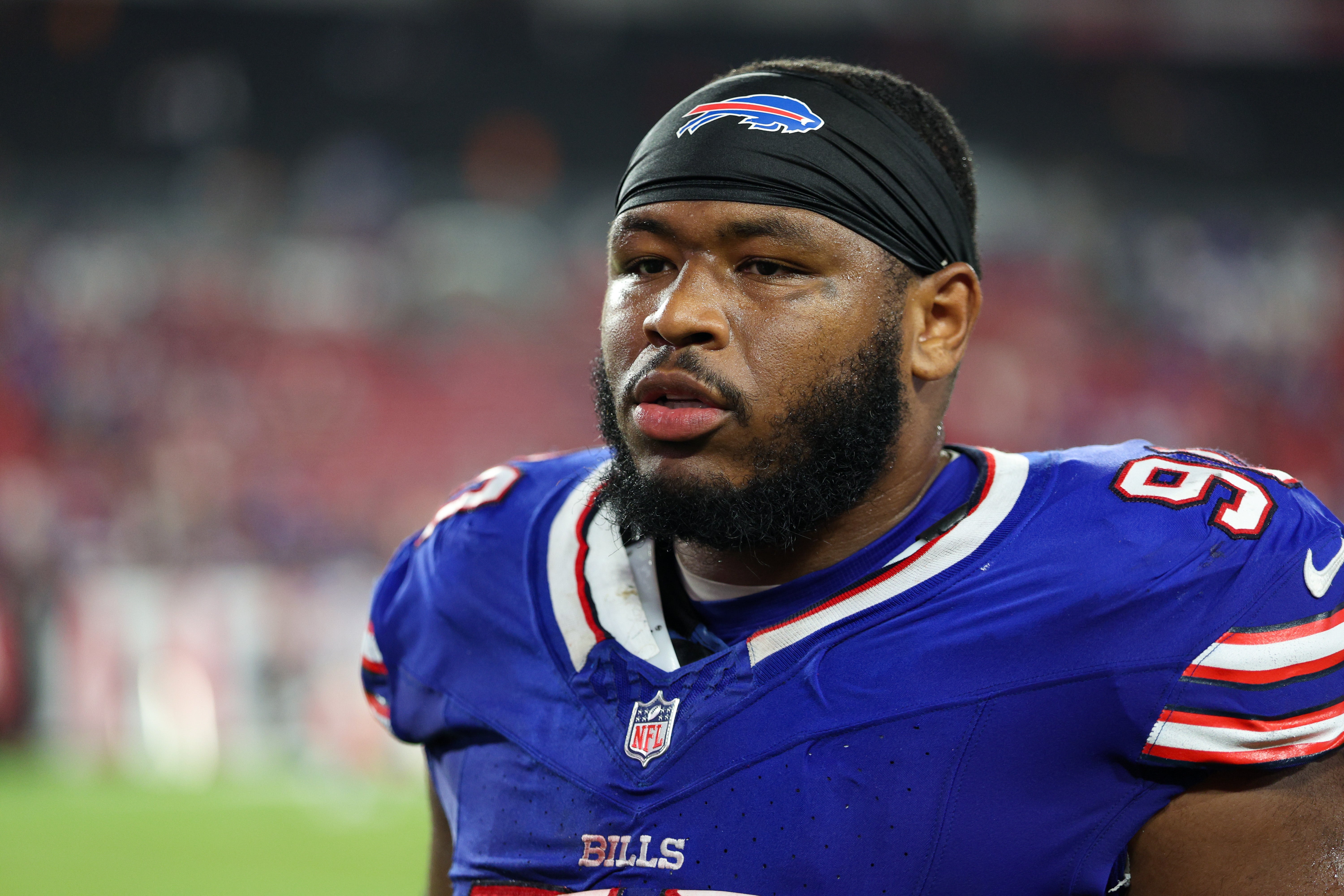 Aug 23, 2025; Tampa, Florida, USA;Buffalo Bills defensive tackle DeWayne Carter (90) looks on after a game against the Tampa Bay Buccaneers at Raymond James Stadium.