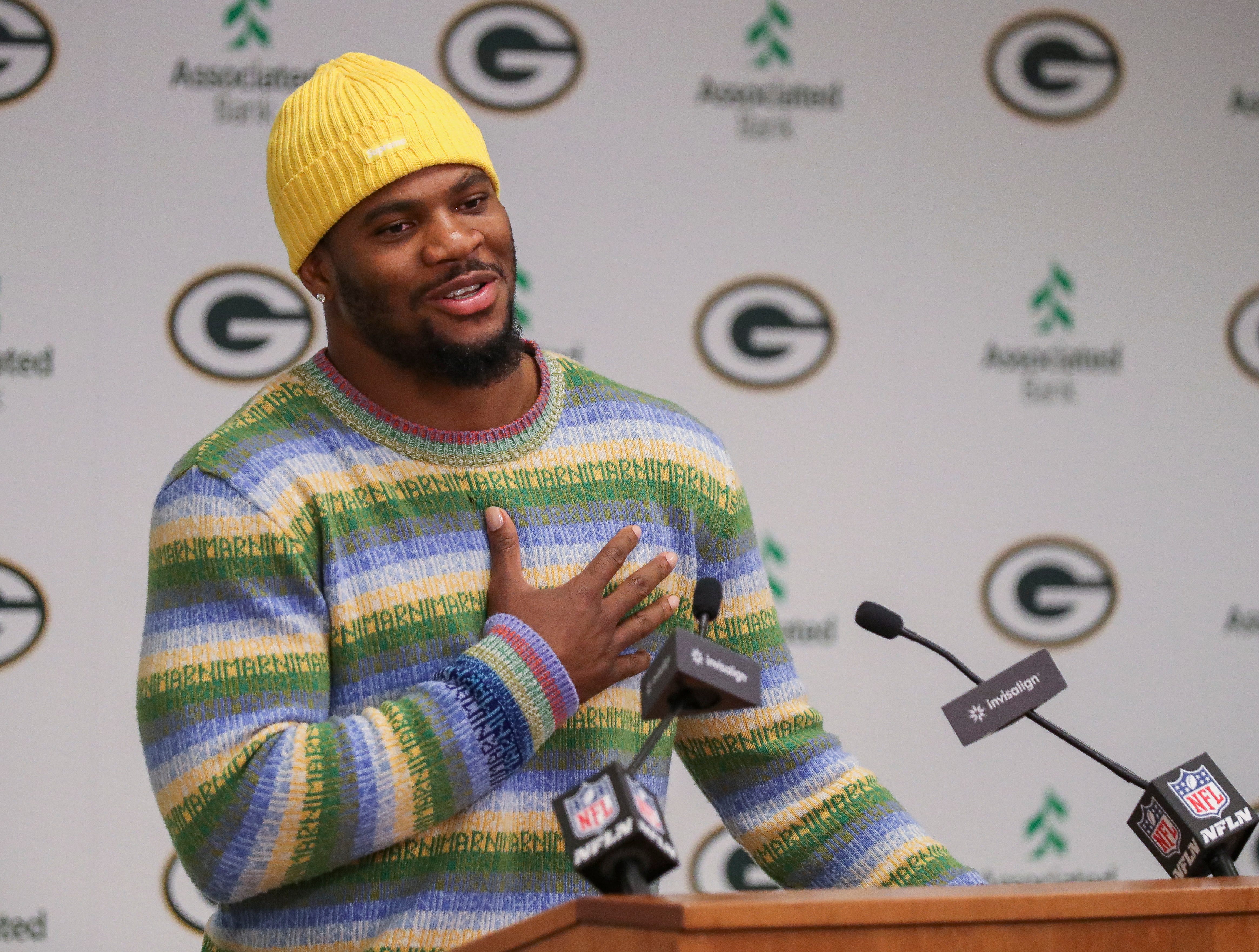 Green Bay Packers edge rusher Micah Parsons speaks during an introductory press conference on Friday, August 29, 2025, at Lambeau Field in Green Bay, Wis. The Packers made a trade with the Dallas Cowboys on Aug. 28 to acquire Parsons in exchange for defensive tackle Kenny Clark and two first round picks.