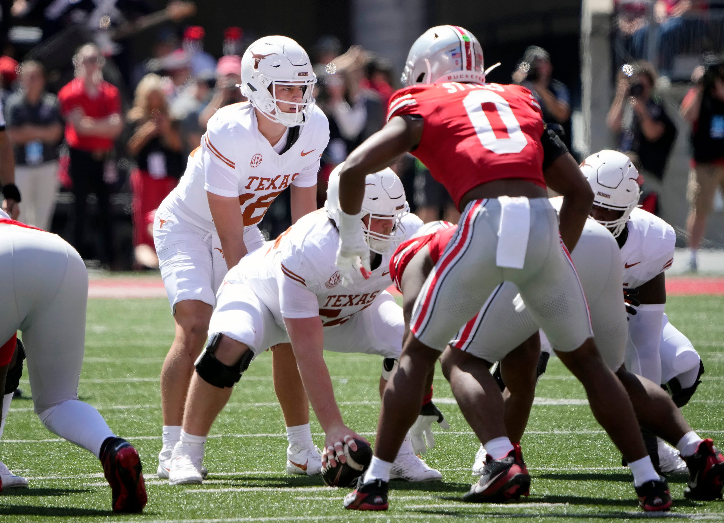 Texas Longhorns quarterback Arch Manning (16) tries to read the Ohio State Buckeyes defense in the second quarter of their game at Ohio Stadium in Columbus, Ohio on Aug 30, 2025.