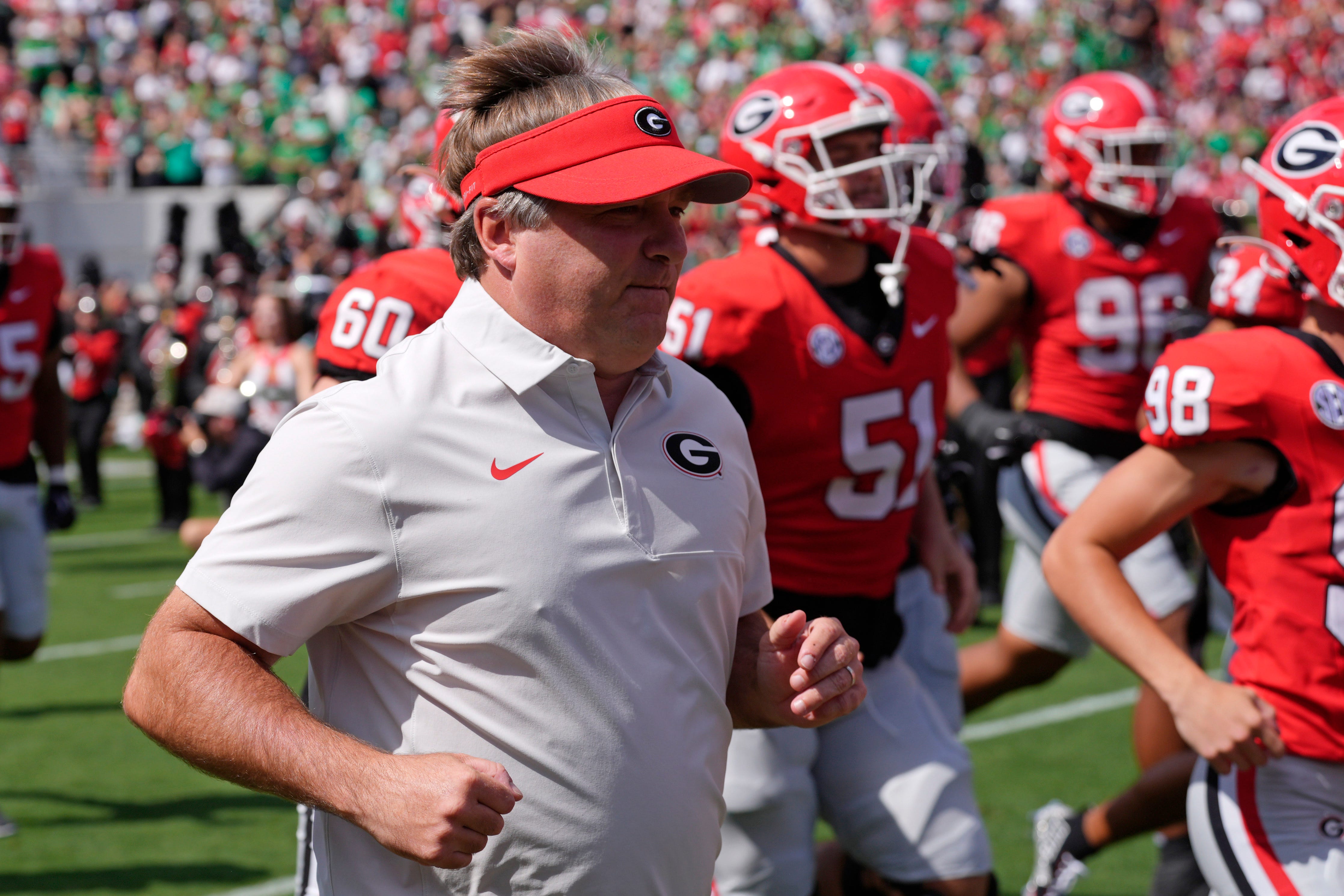 Georgia coach Kirby Smart takes the field with his team before the start of a NCAA college football game against Marshall in Athens, Ga., on Saturday, August. 30, 2025 Joshua L. Jones-USA TODAY NETWORK via Imagn Images