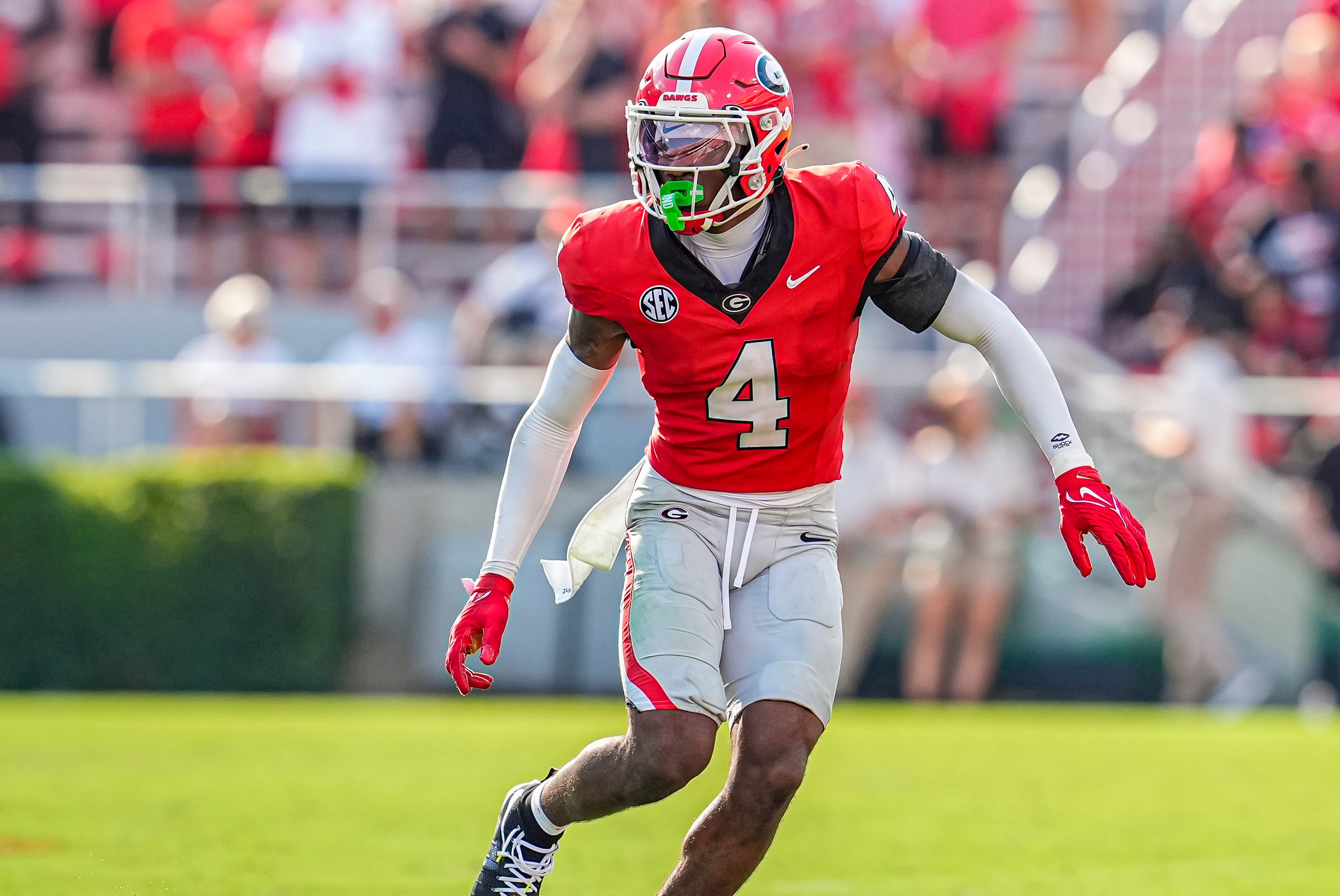 Georgia Bulldogs defensive back KJ Bolden (4) in action against the Marshall Thundering Herd at Sanford Stadium.
