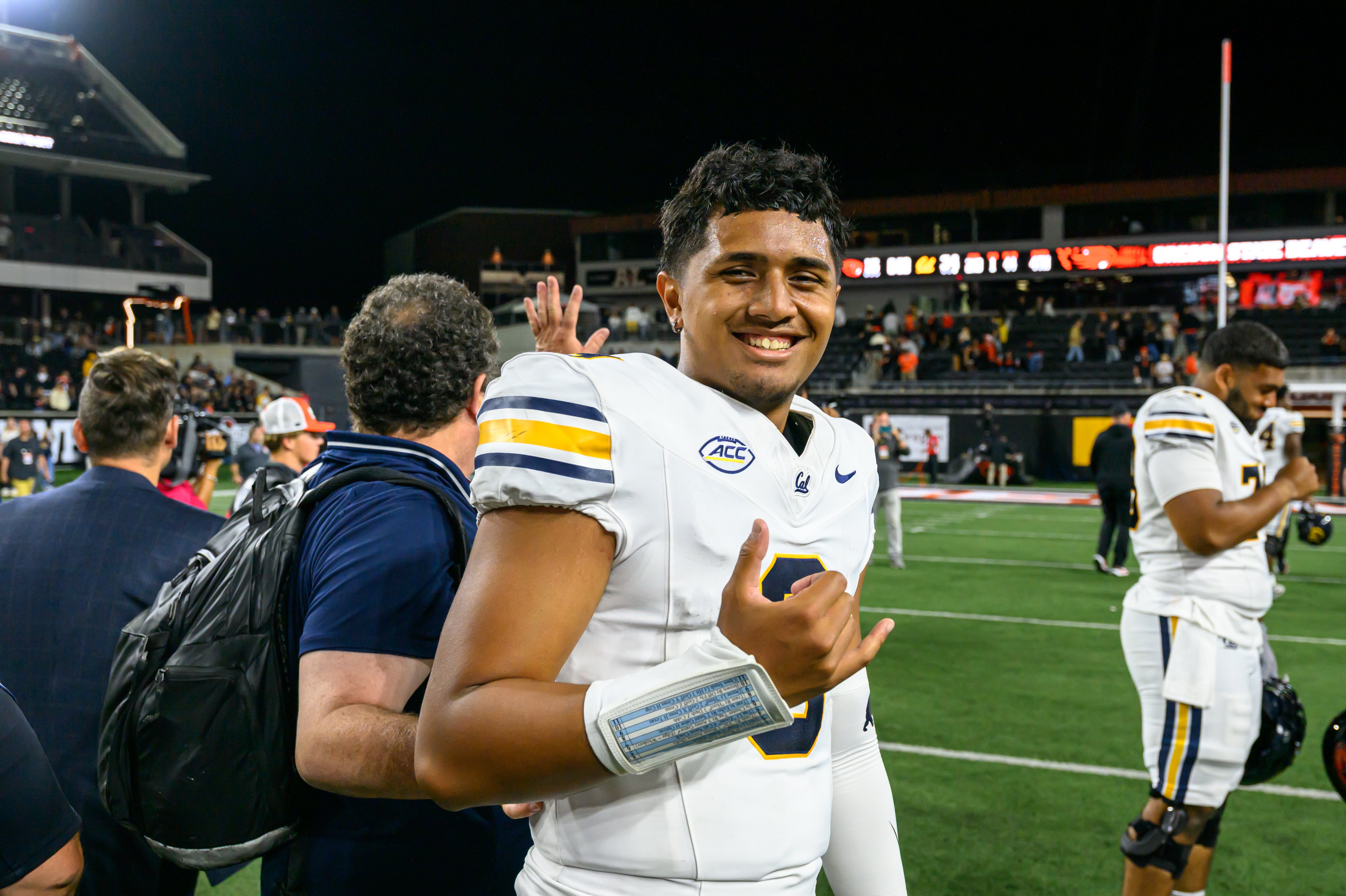 Aug 30, 2025; Corvallis, Oregon, USA; California Golden Bears quarterback Jaron-Keawe Sagapolutele (3) leaves the field after a win over the Oregon State Beavers at Reser Stadium. Mandatory Credit: Craig Strobeck-Imagn Images