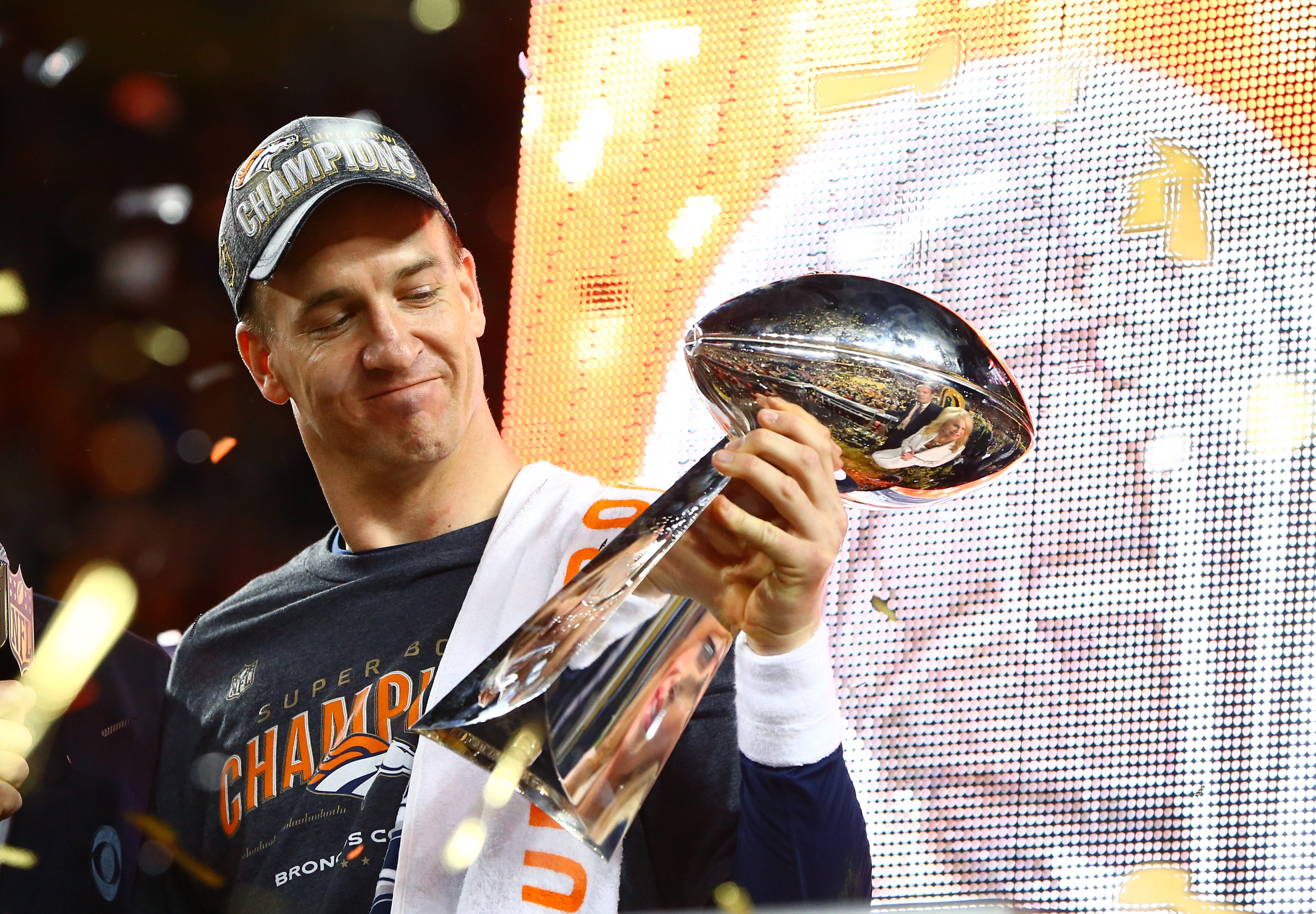 Denver Broncos QB Peyton Manning celebrates after winning Super Bowl