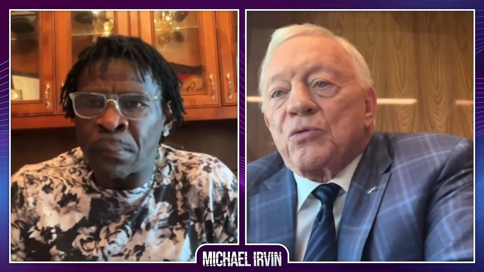Dallas Cowboys owner Jerry Jones talks with Michael Irvin.