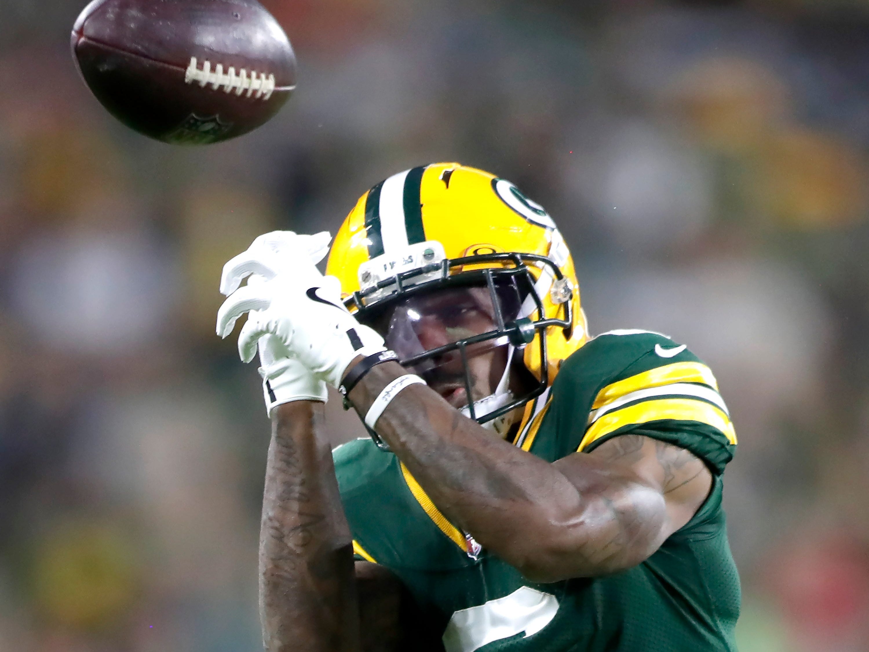 Green Bay Packers wide receiver Mecole Hardman (6) against the New York Jets during their football game on Saturday, August 9, 2025, at Lambeau Field in Green Bay, Wis.