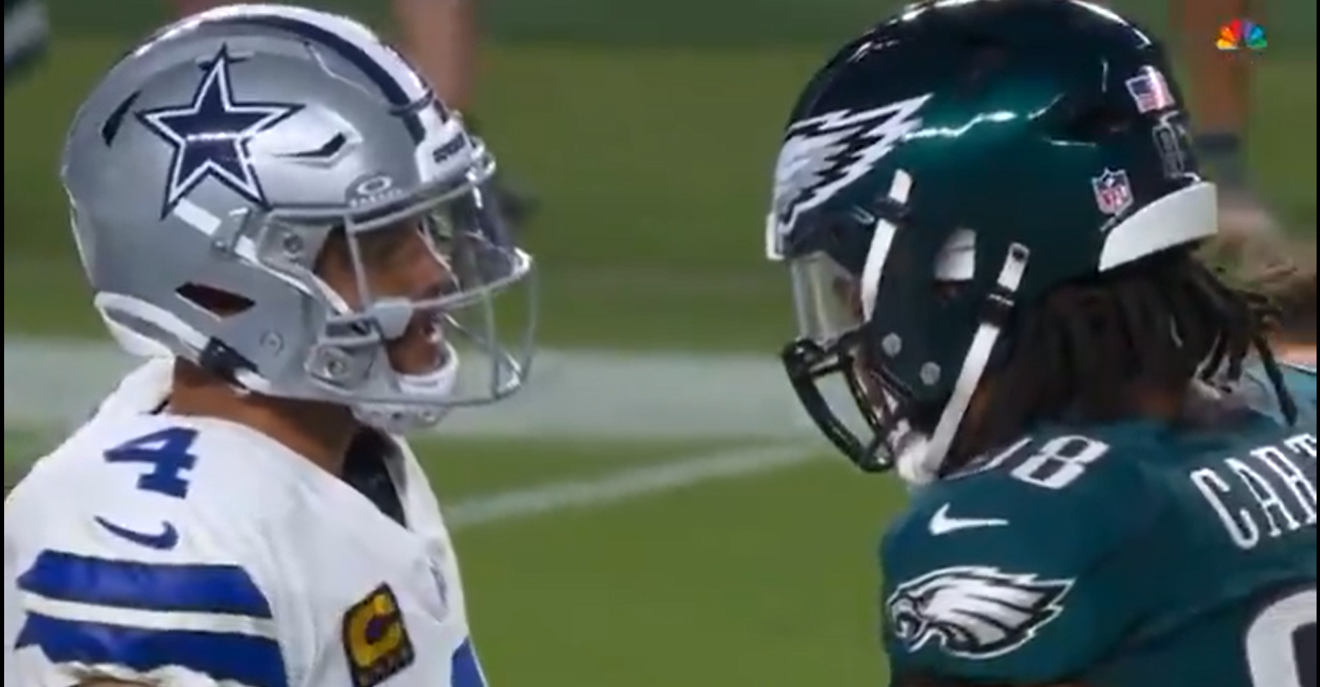 Philadelphia Eagles' Jalen Carter spits at Dak Prescott during 2025 NFL Kickoff Game.