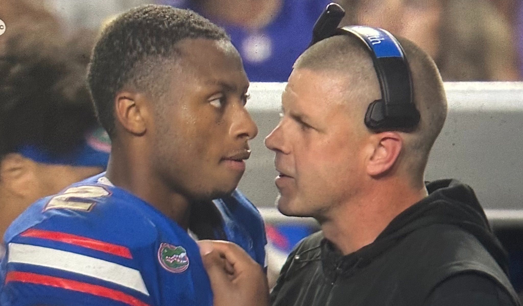 Florida Gators head coach Billy Napier coaches up starting quarterback DJ Lagway after he throws his fifth interception of the game in a 20-10 loss to the LSU Tigers on Saturday, September 13th, 2025.