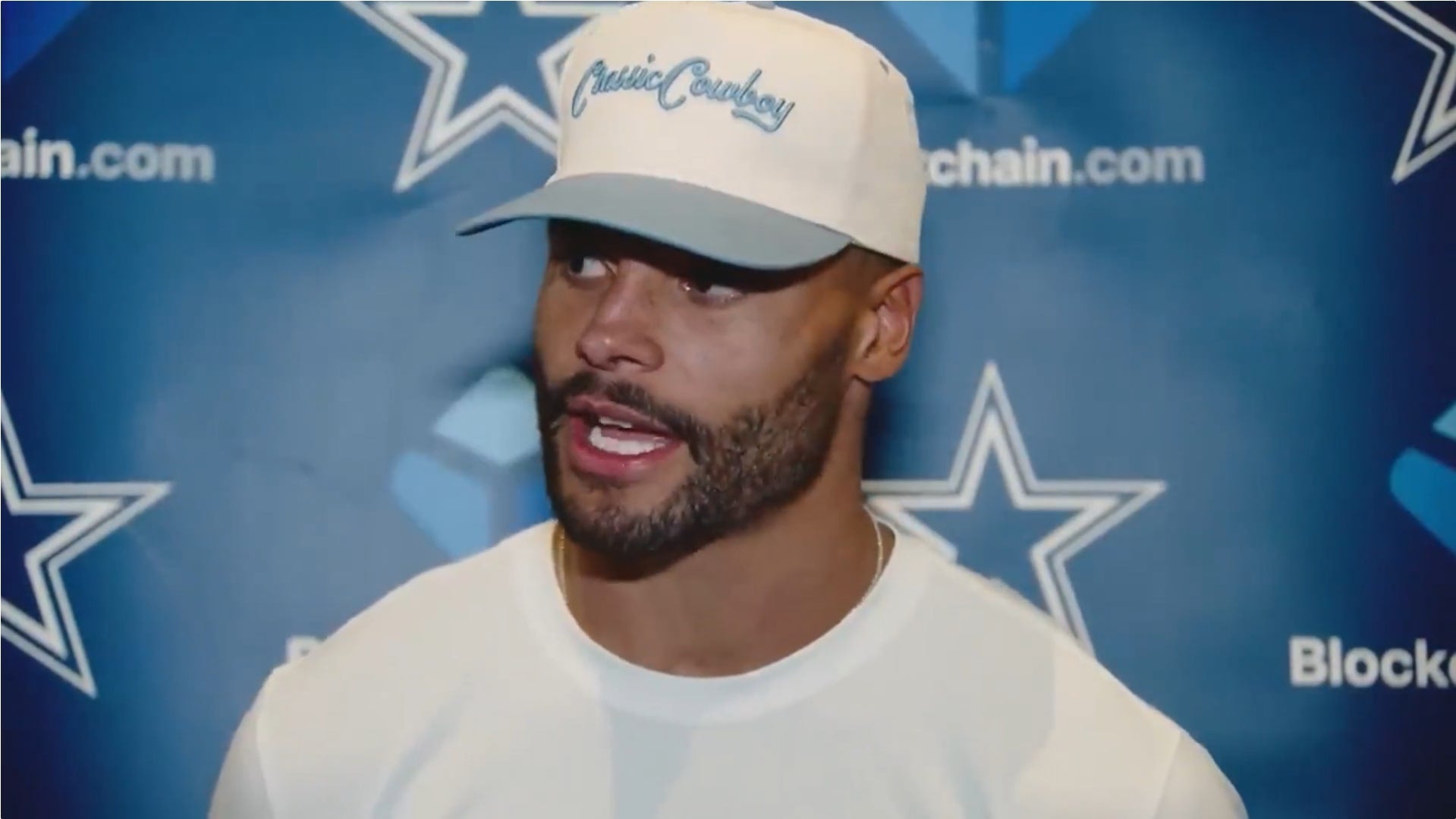Dak Prescott talks to reporters ahead of 2025 NFL season.