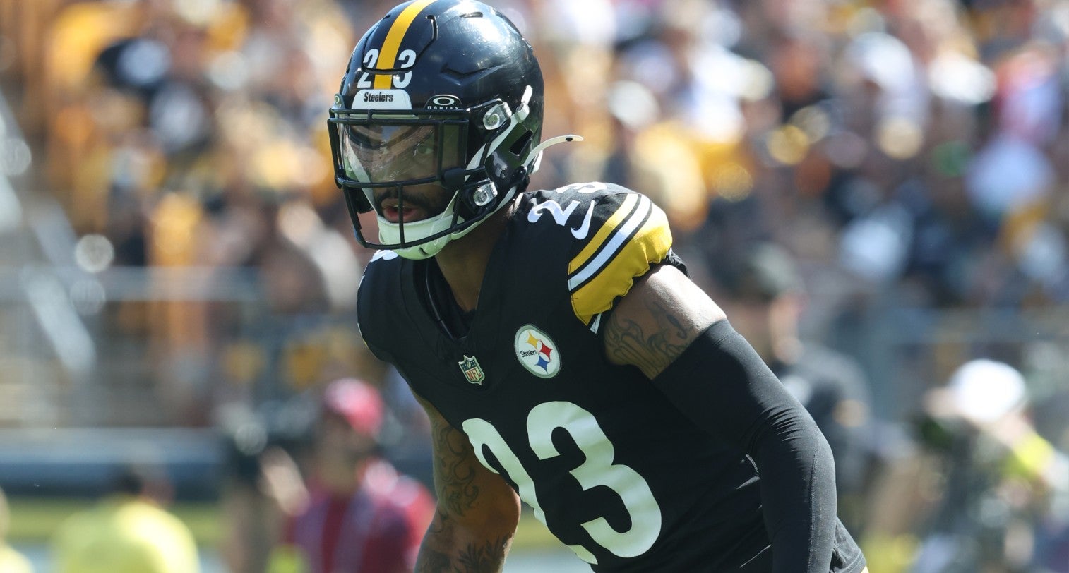 Sep 14, 2025; Pittsburgh, Pennsylvania, USA; Pittsburgh Steelers cornerback Darius Slay (23) in action against the Seattle Seahawks during the third quarter at Acrisure Stadium.