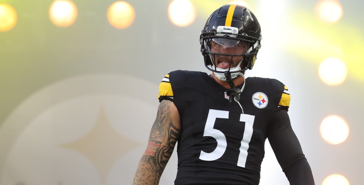 Aug 16, 2025; Pittsburgh, Pennsylvania, USA; Pittsburgh Steelers linebacker Nick Herbig (51) reacts during player introductions against the Tampa Bay Buccaneers at Acrisure Stadium.