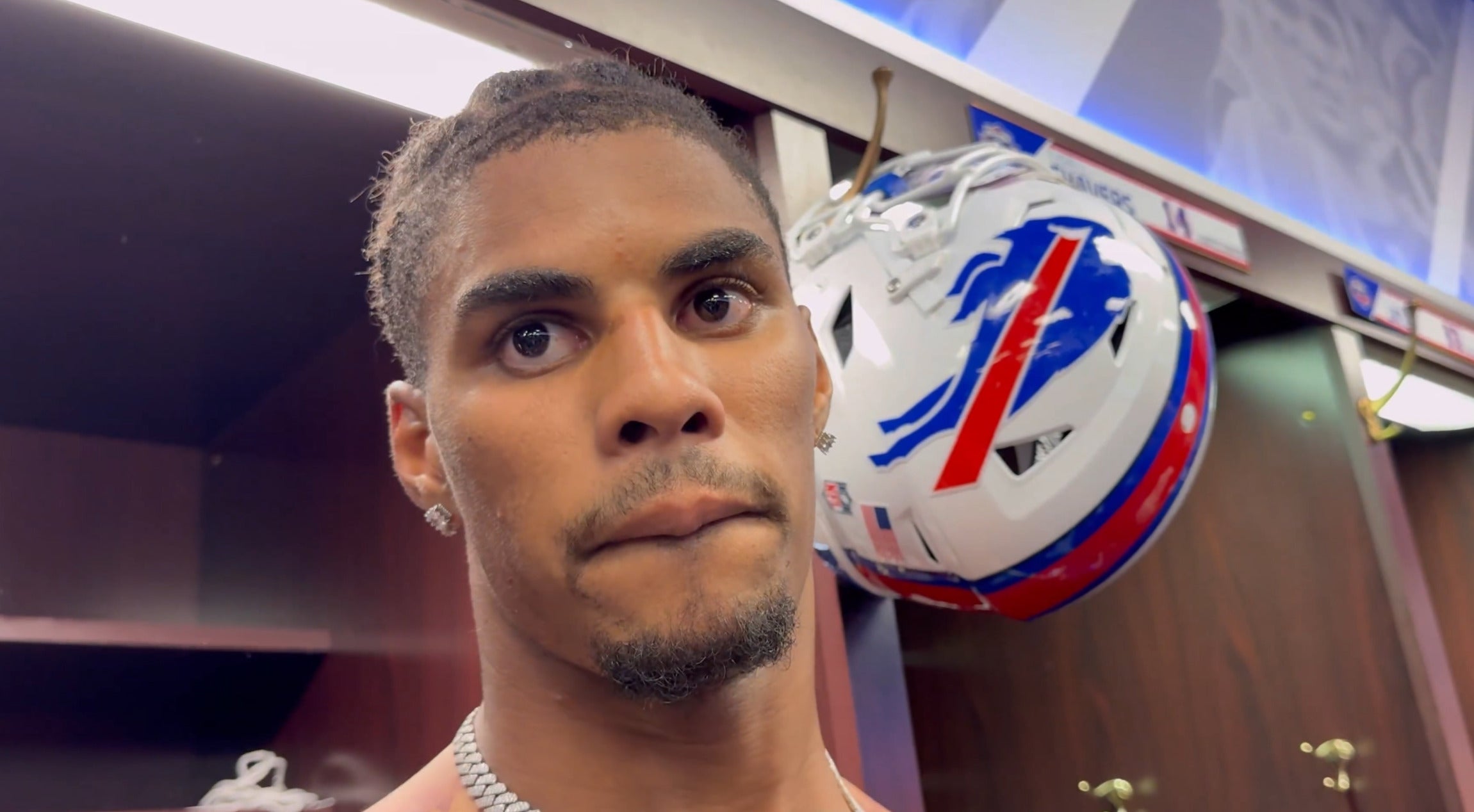 Buffalo Bills wide receiver Keon Coleman speaks to the media after thrilling comeback win against the Baltimore Ravens in Week 1 of the 2025 NFL regular season