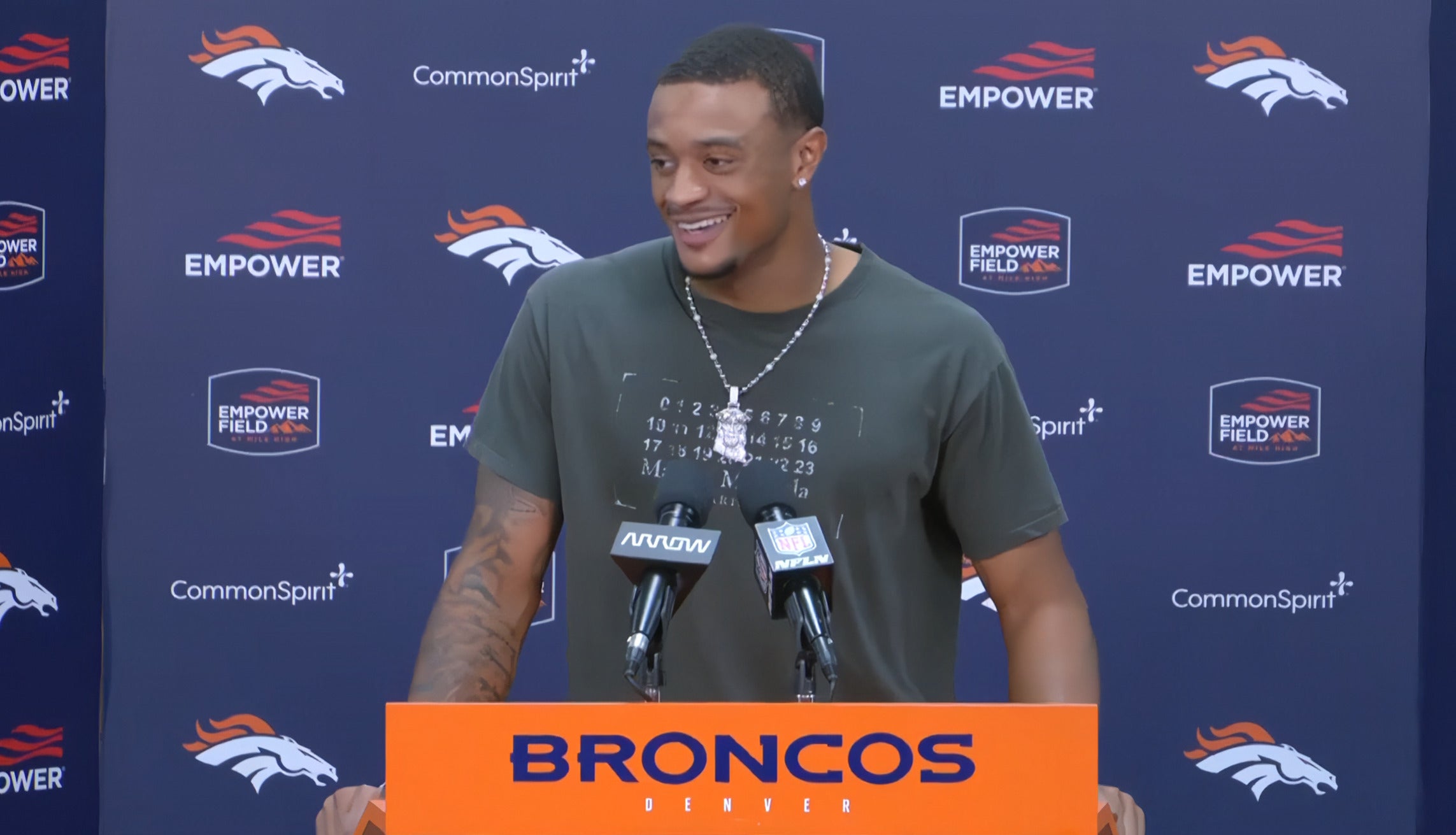 Denver Broncos cornerback Patrick Surtain speaks to the media after the team's 20-12 victory over the Tennessee Titans in Week 1 of the NFL regular season
