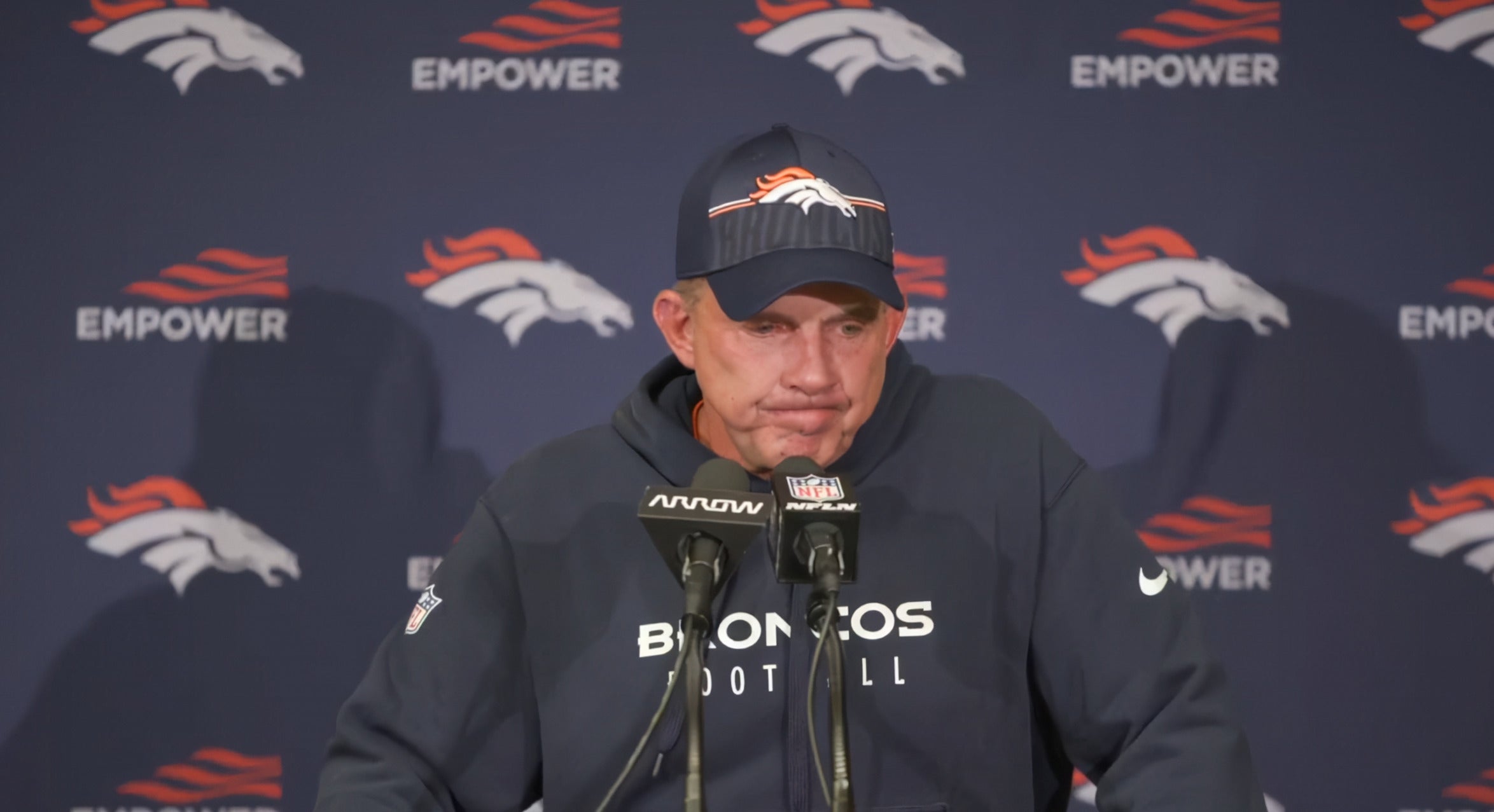 Denver Broncos head coach Sean Payton speaks to the media after the last-second loss to the Indianapolis Colts in Week 2 of the 2025 NFL season