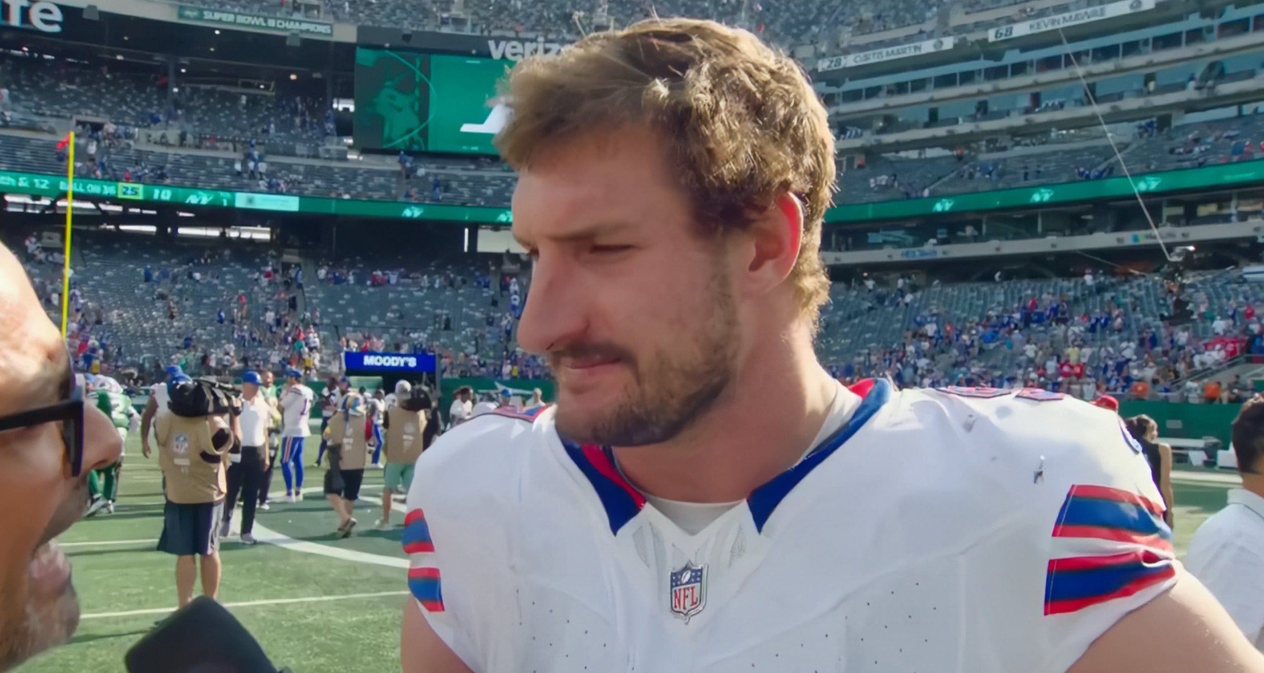 Buffalo Bills Joey Bosa speaks to the media about a special request Josh Allen gave him after QB1 was bleeding on the field