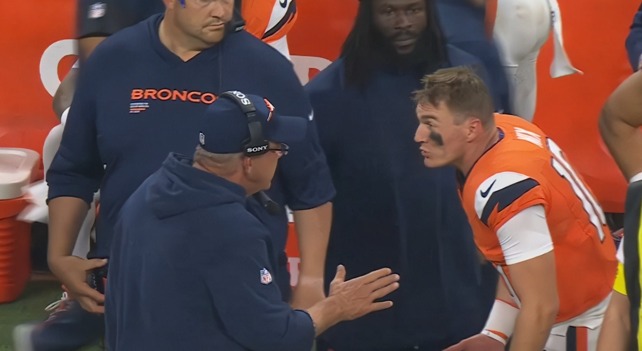 Denver Broncos Bo Nix and head coach Sean Payton get into what appears to be a heated sideline exchange during Week 2 loss vs. Indianapolis Colts