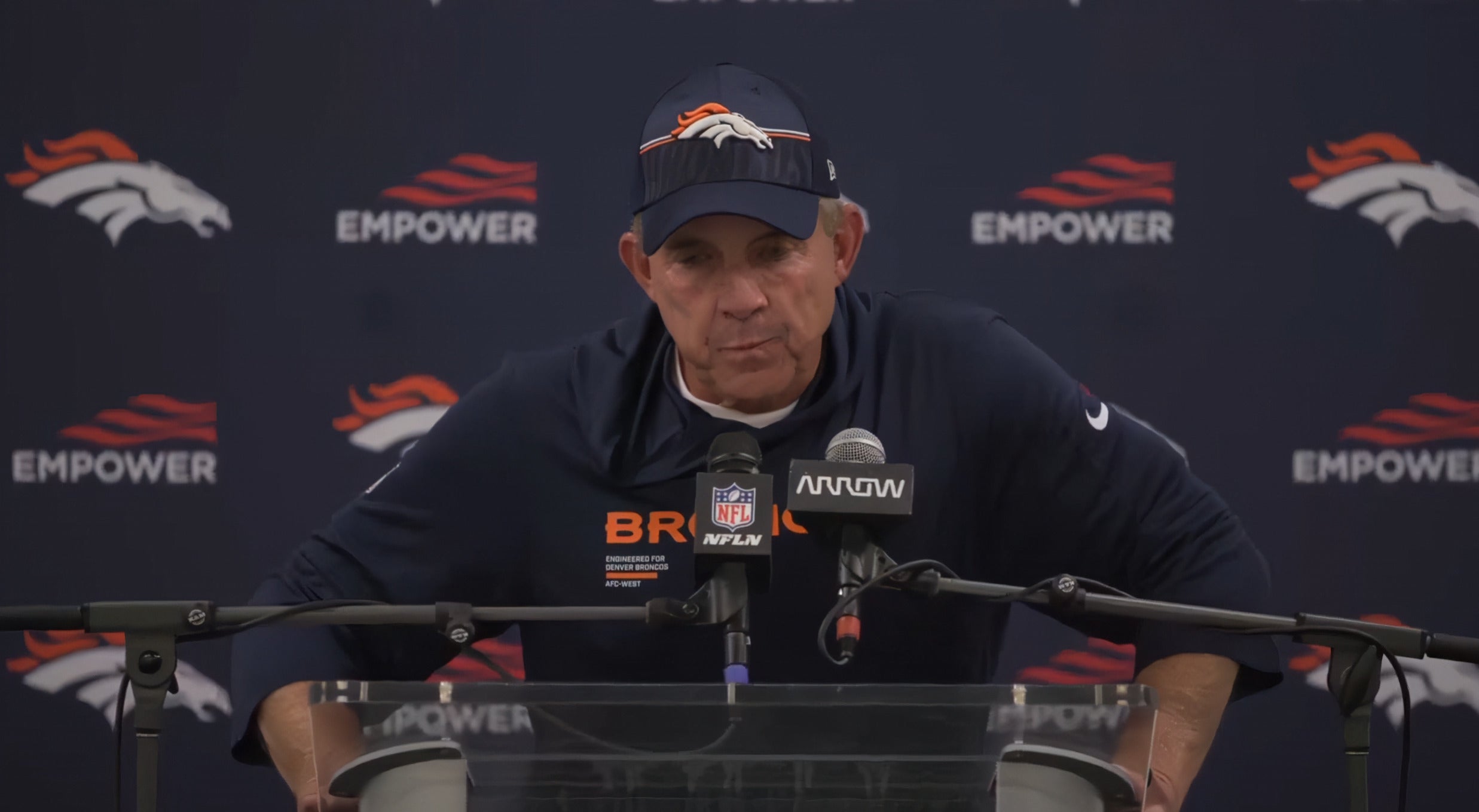 Denver Broncos head coach Sean Payton speaks to the media after the team's last-second defeat to the Los Angeles Chargers in Week 3