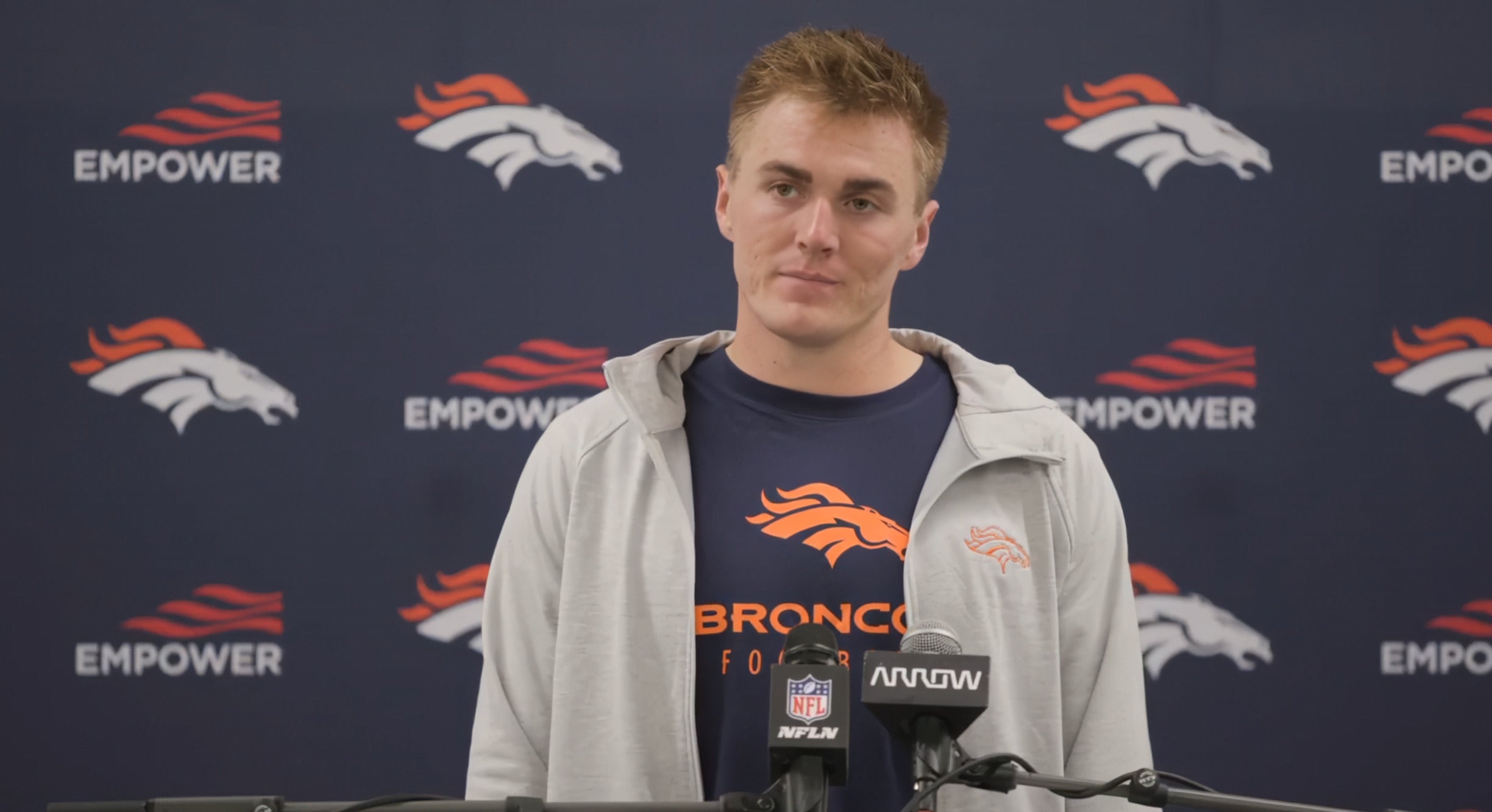 Denver Broncos quarterback Bo Nix speaks to the media after the team's Week 3 loss to the Los Angeles Chargers