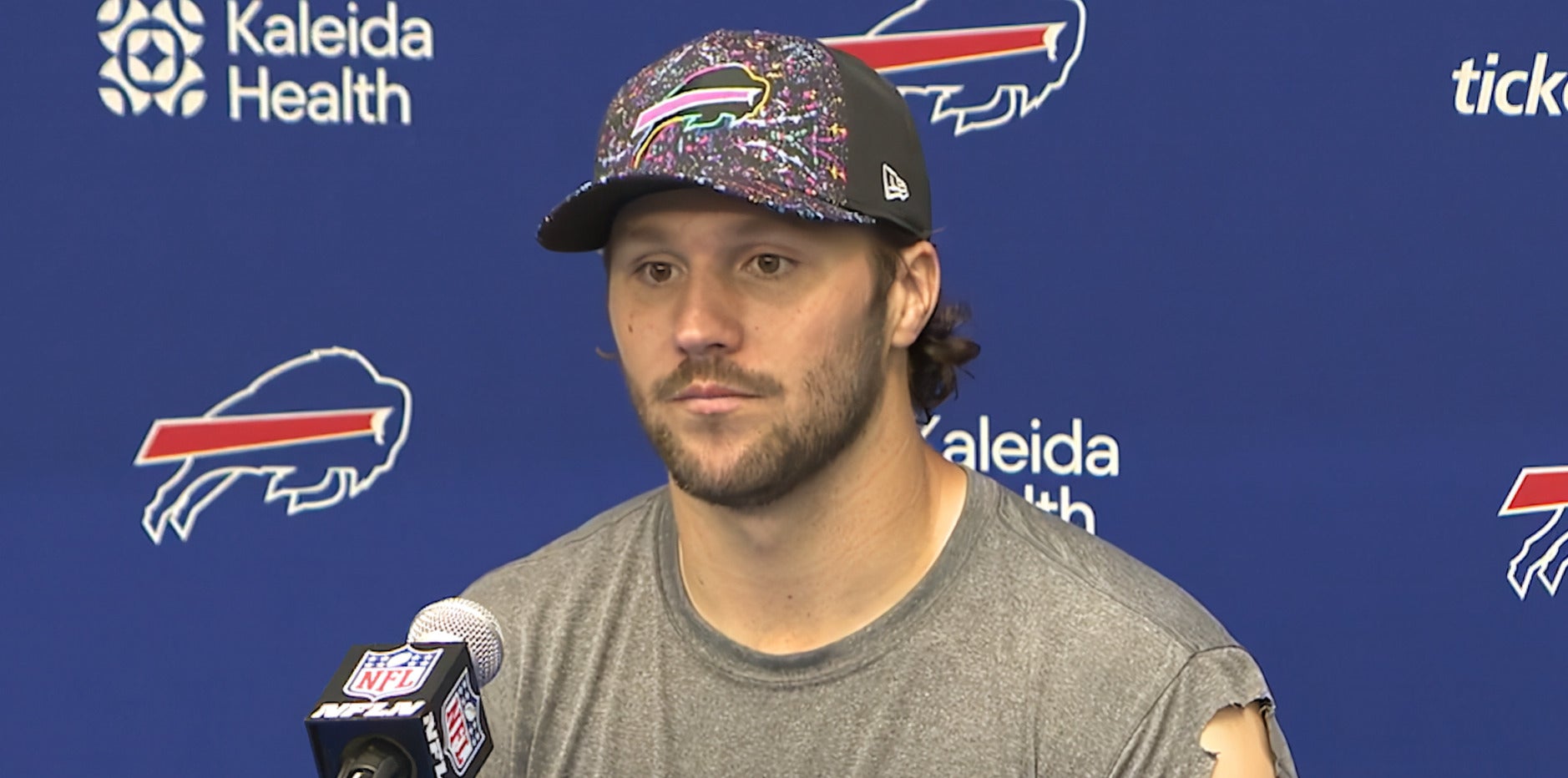 Buffalo Bills quarterback Josh Allen speaks to the media about how he's been able to limit turnovers under Joe Brady
