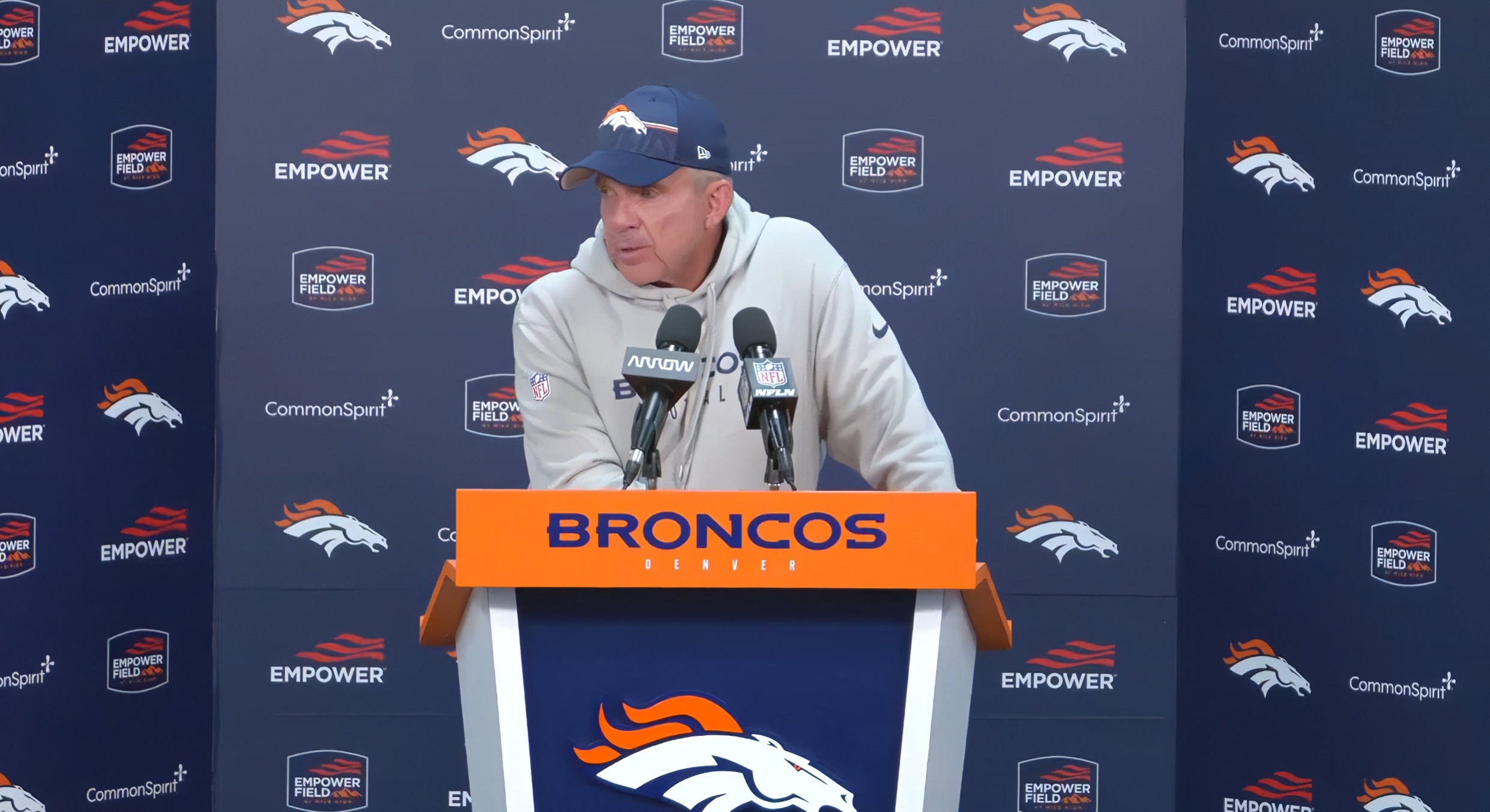 Denver Broncos head coach Sean Payton speaks to the media after team's victory over the Cincinnati Bengals in Week 4