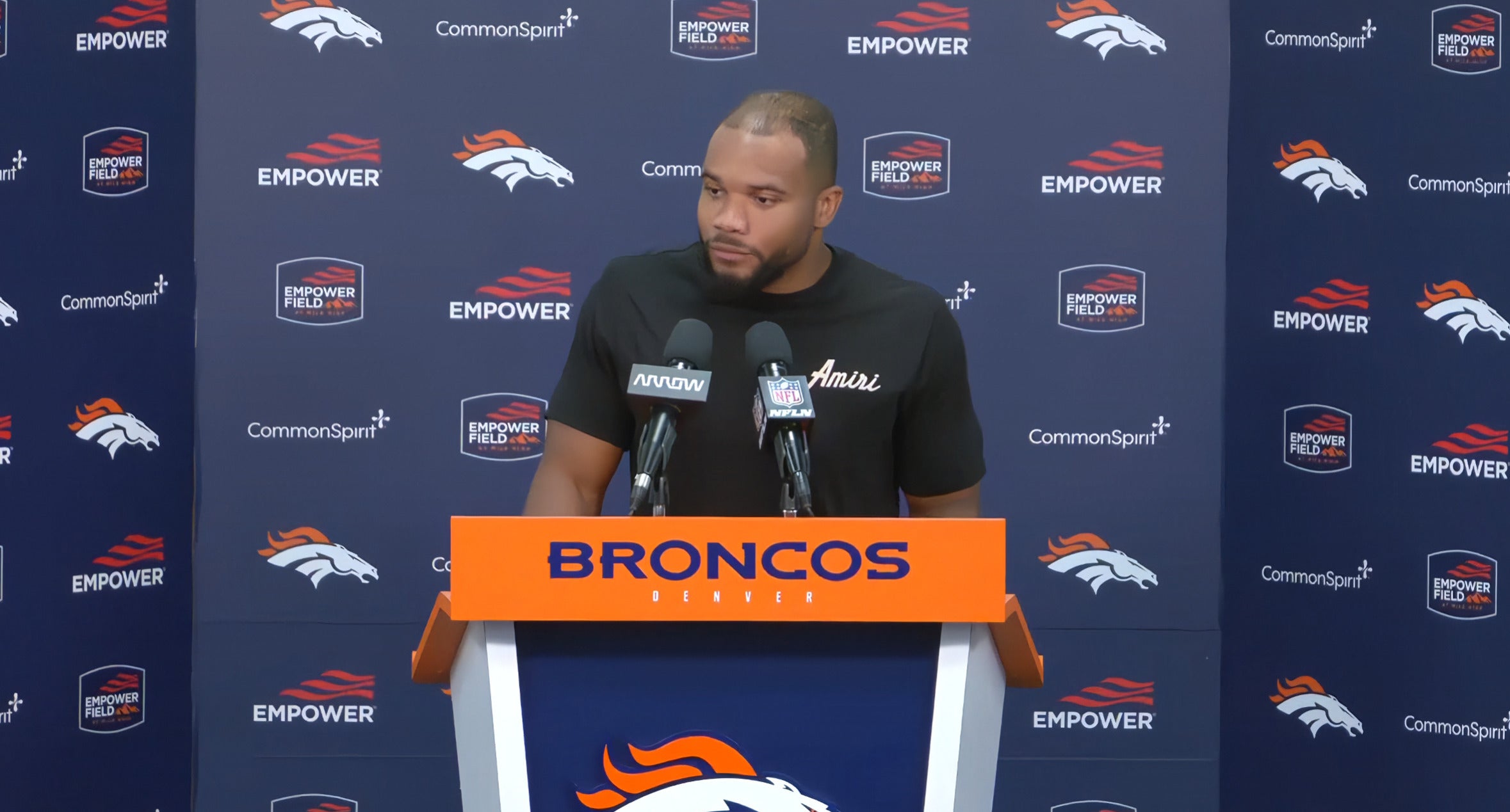 Denver Broncos running back J.K. Dobbins talks to the media after the team's Week 4 win vs. Bengals