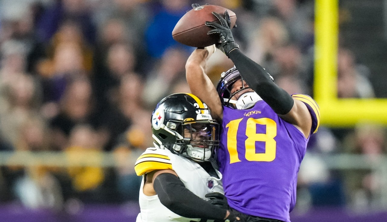 Dec 9, 2021; Minneapolis, Minnesota, USA; Pittsburgh Steelers free safety Minkah Fitzpatrick (39) breaks up a pass intended for Minnesota Vikings wide receiver Justin Jefferson (18) during the third quarter at U.S. Bank Stadium.