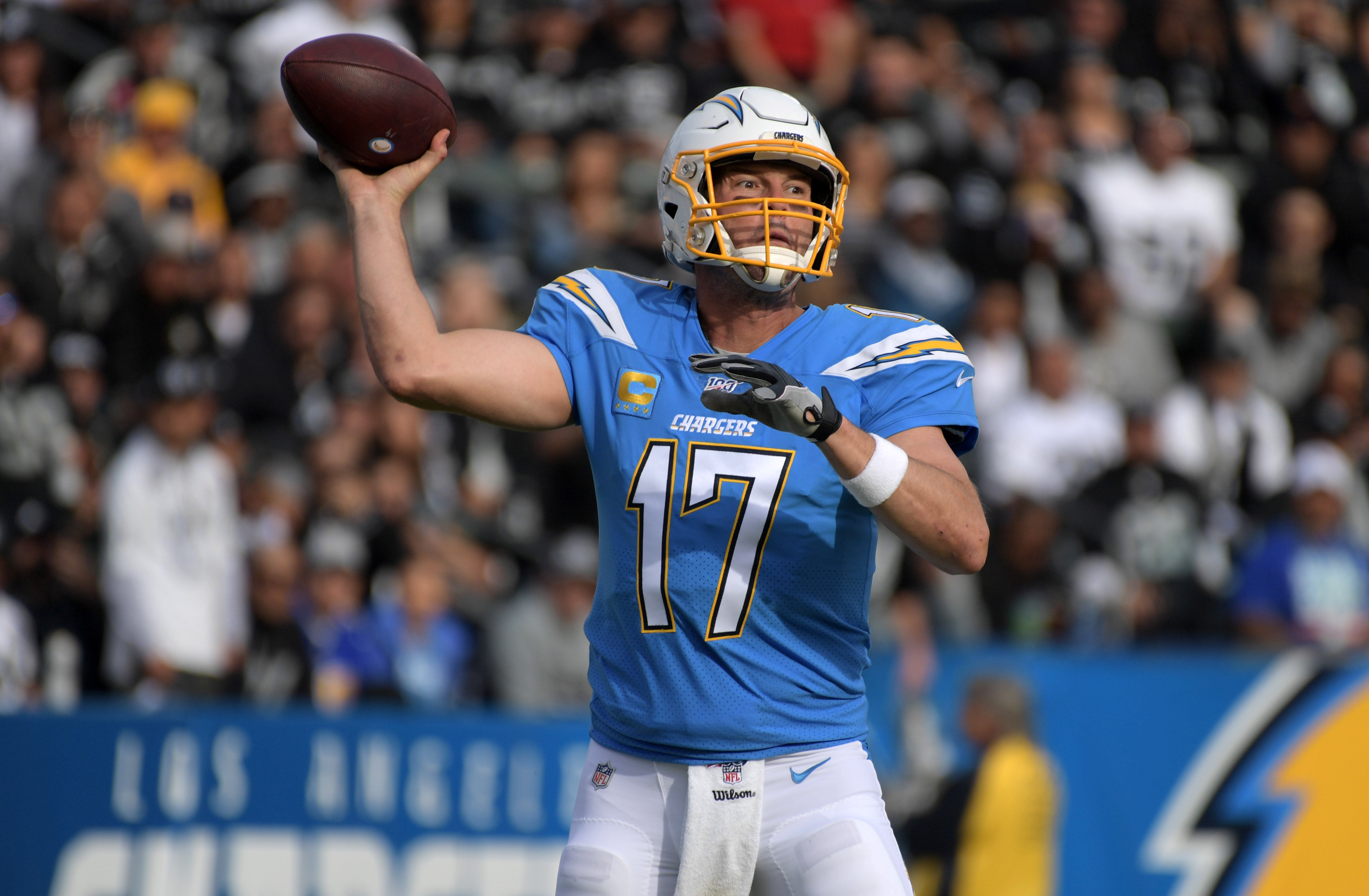 Los Angeles Chargers quarterback Philip Rivers (17) throws the ball in the second quarter against the Oakland Raiders at Dignity Health Sports Park.