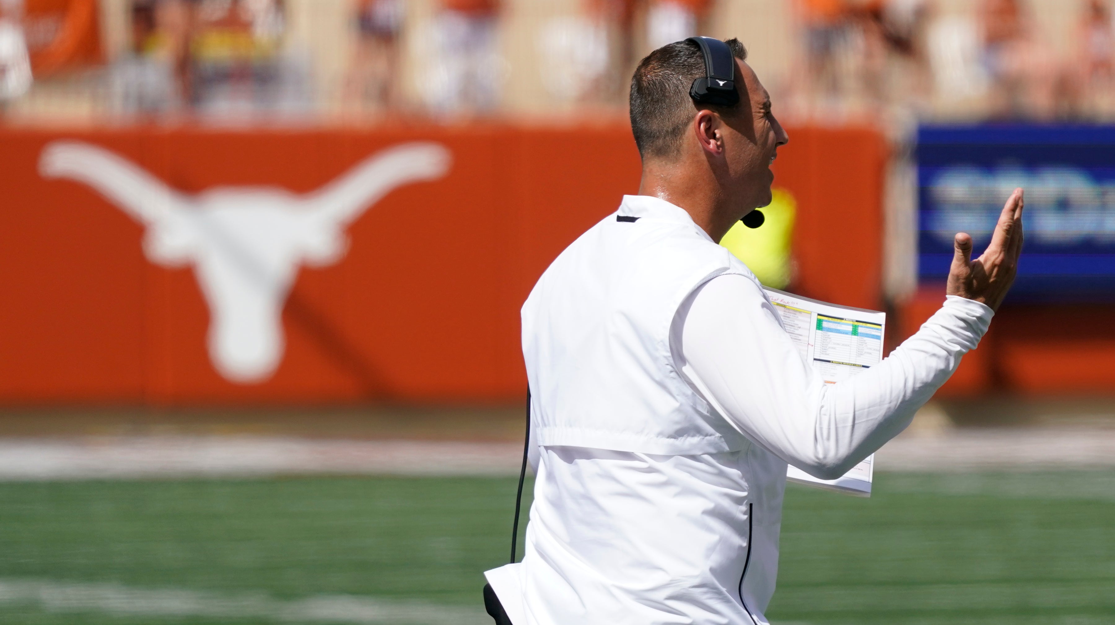 Sep 4, 2021; Austin, Texas, USA; Texas Longhorns head coach Steve Sarkisian yells to official in the first half of the game against the Louisiana Ragin' Cajuns at Darrell K Royal-Texas Memorial Stadium.