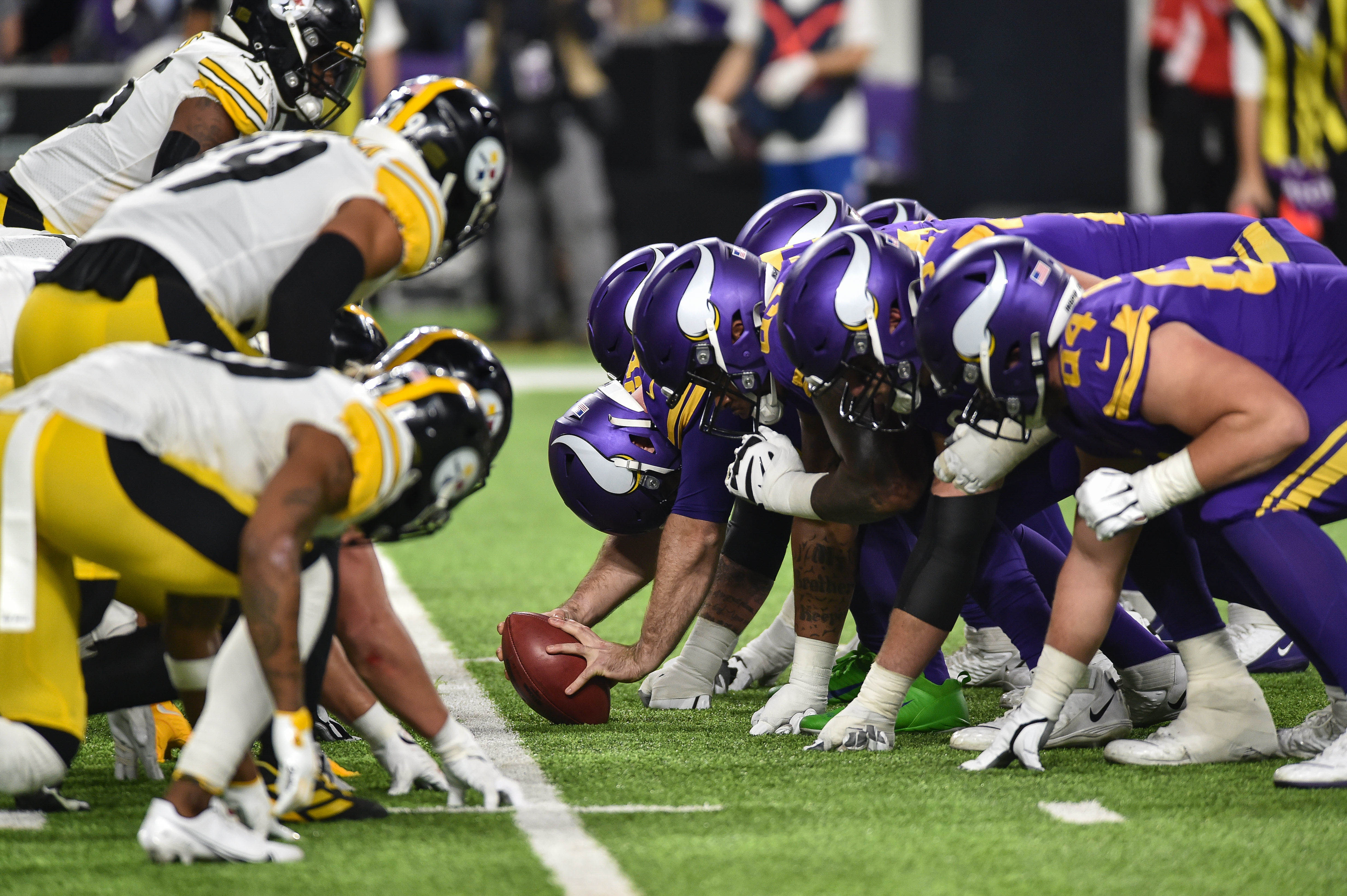 Dec 9, 2021; Minneapolis, Minnesota, USA; The line of scrimmage between the Minnesota Vikings and the Pittsburgh Steelers at U.S. Bank Stadium.