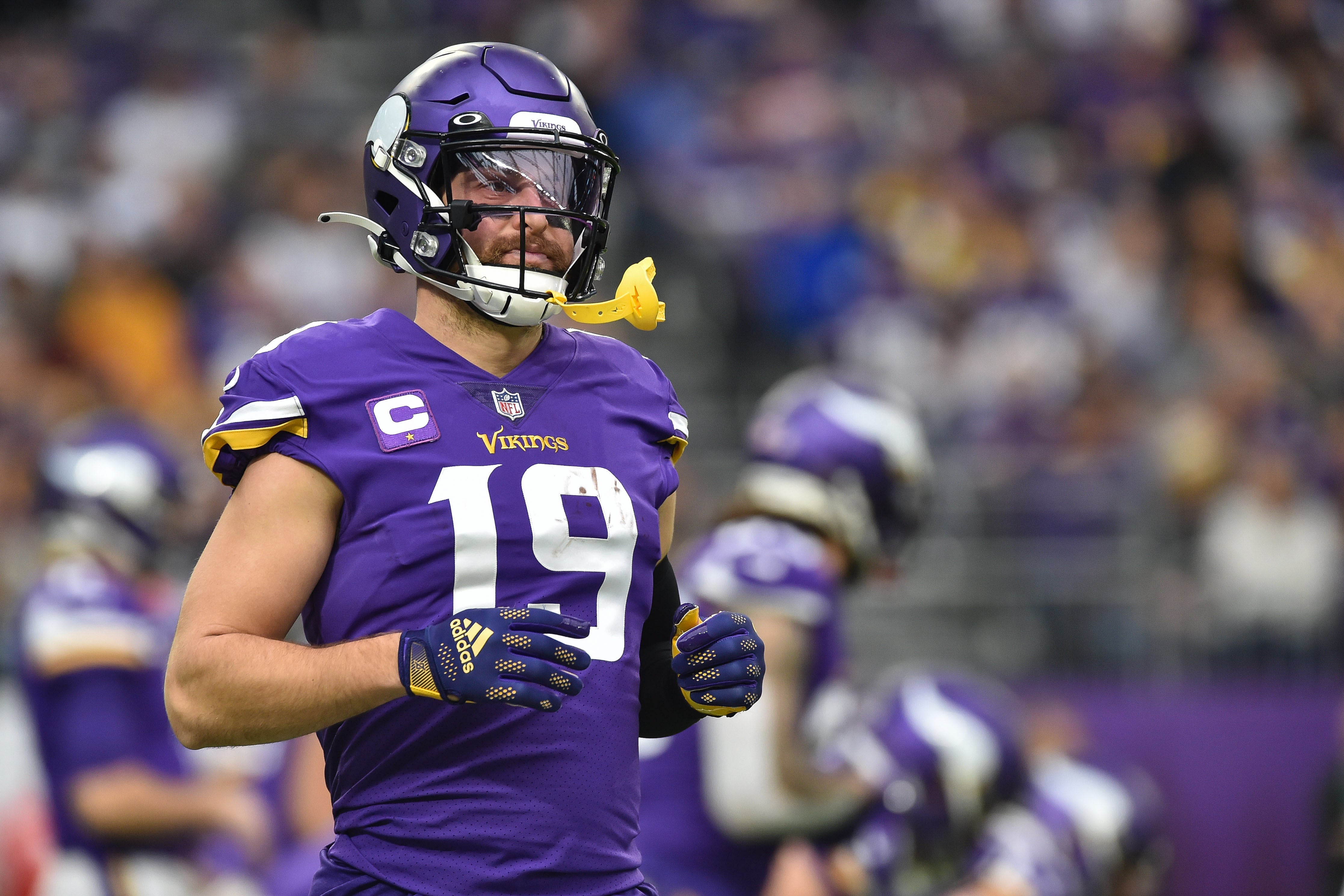 Dec 26, 2021; Minneapolis, Minnesota, USA; Minnesota Vikings wide receiver Adam Thielen (19) in action against the Los Angeles Rams at U.S. Bank Stadium.