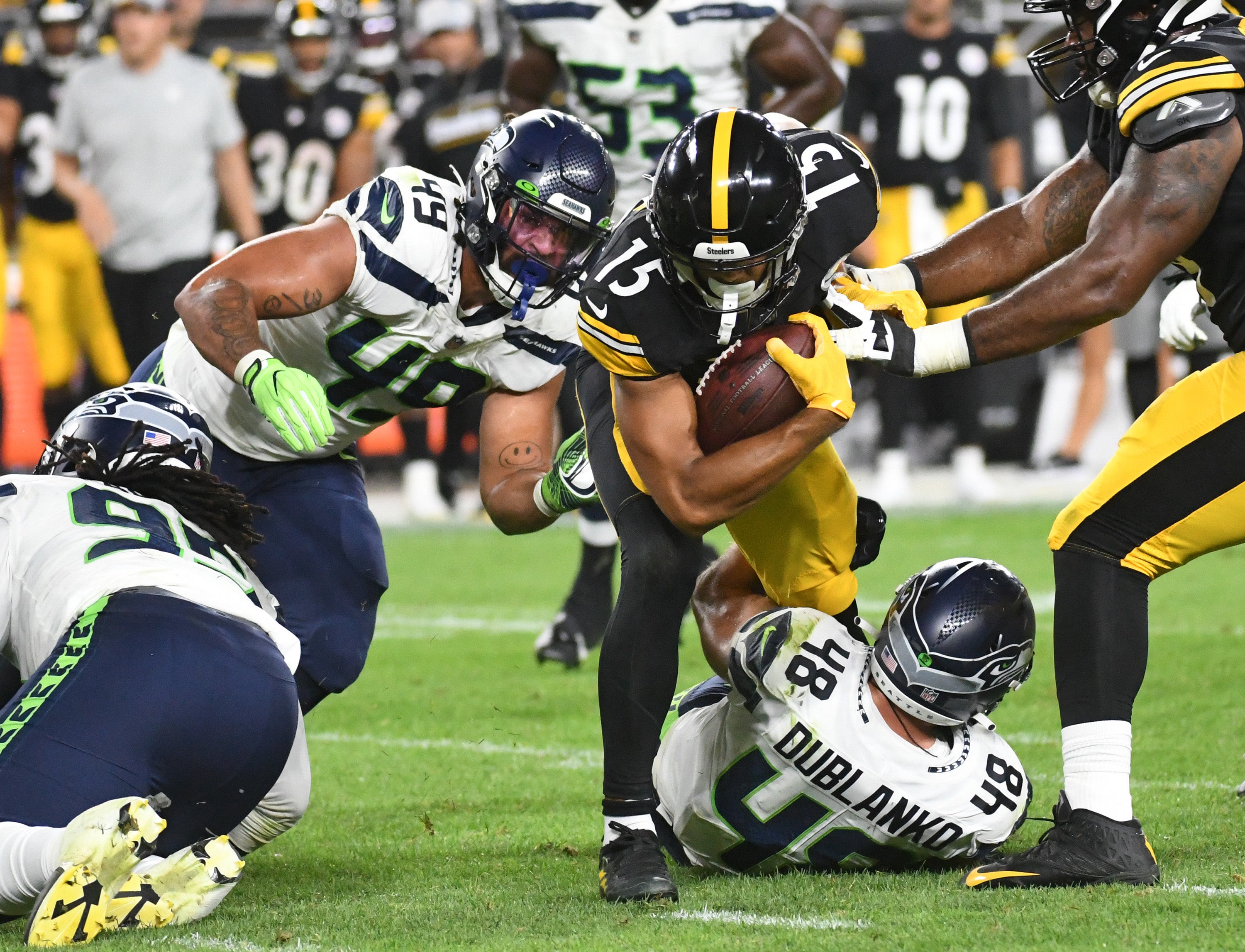 Aug 13, 2022; Pittsburgh, Pennsylvania, USA; Pittsburgh Steelers wide receiver Cody White (15) against the Seattle Seahawks during the fourth quarter at Acrisure Stadium.