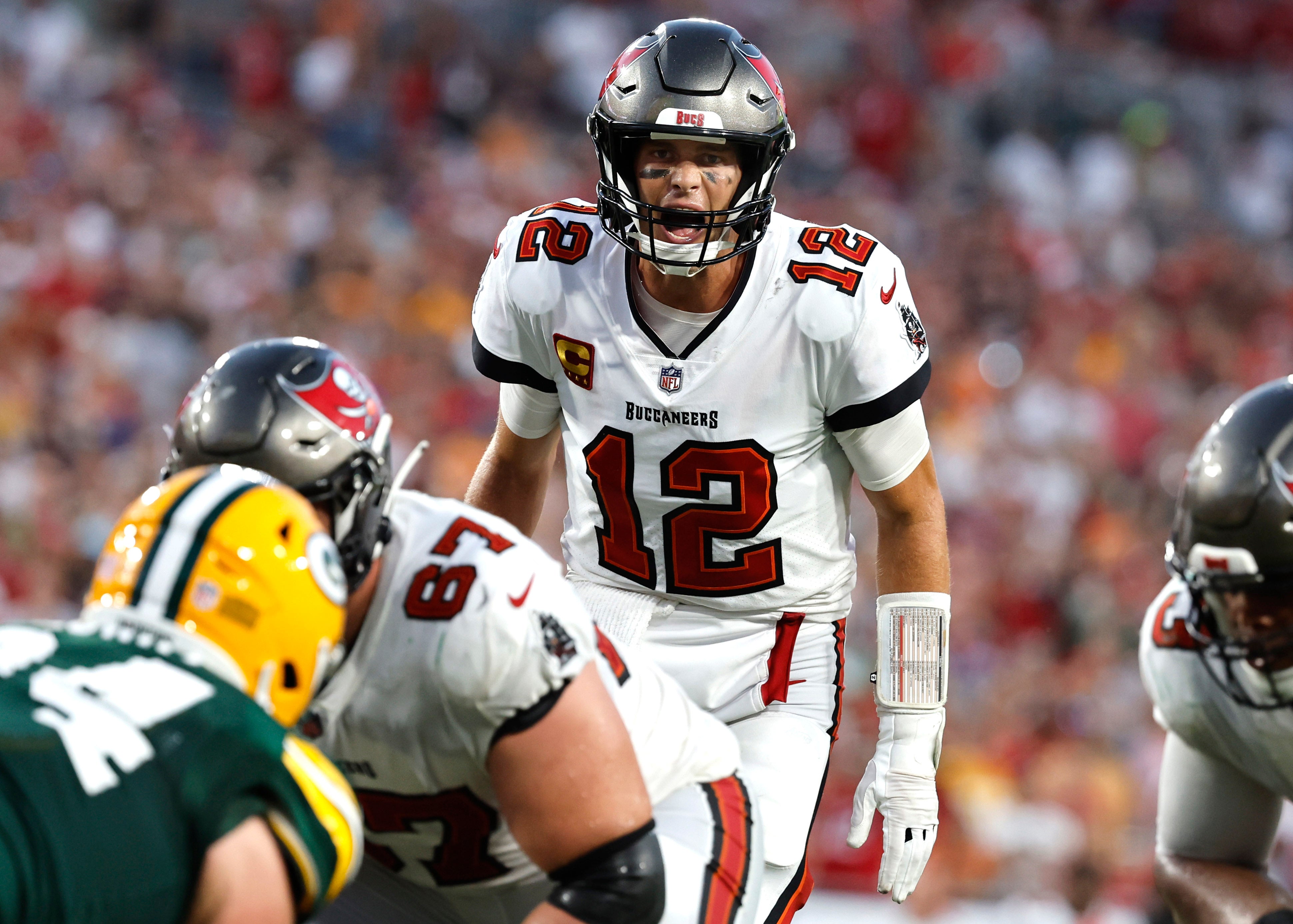 Sep 25, 2022; Tampa, Florida, USA; Tampa Bay Buccaneers quarterback Tom Brady (12) reacts against the Green Bay Packers during the second half at Raymond James Stadium.