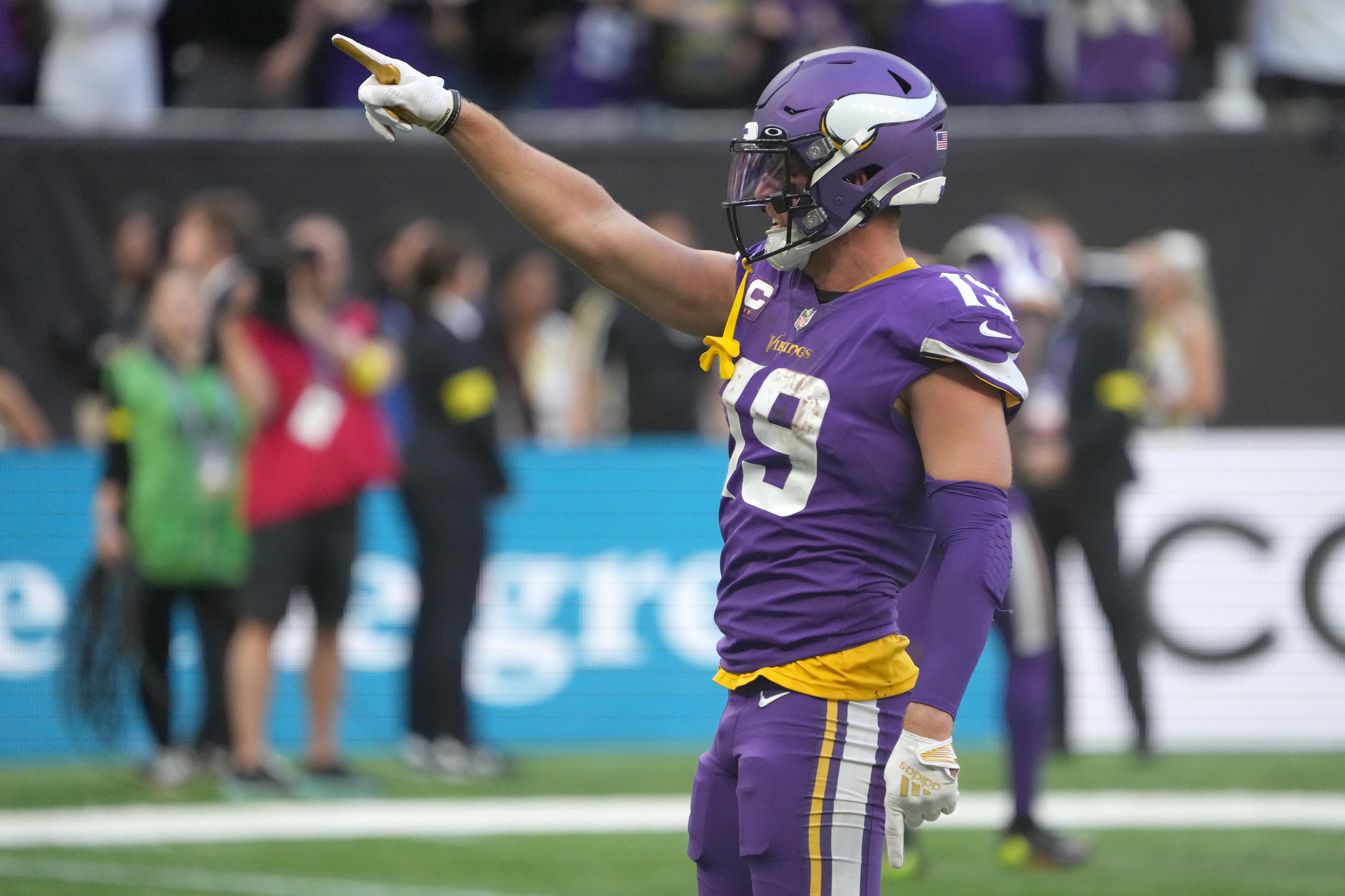 Oct 2, 2022; London, United Kingdom; Minnesota Vikings wide receiver Adam Thielen (19) celebrates in the fourth quarter against the New Orleans Saints during an NFL International Series game at Tottenham Hotspur Stadium. The Vikings defeated the Saints 28-25.