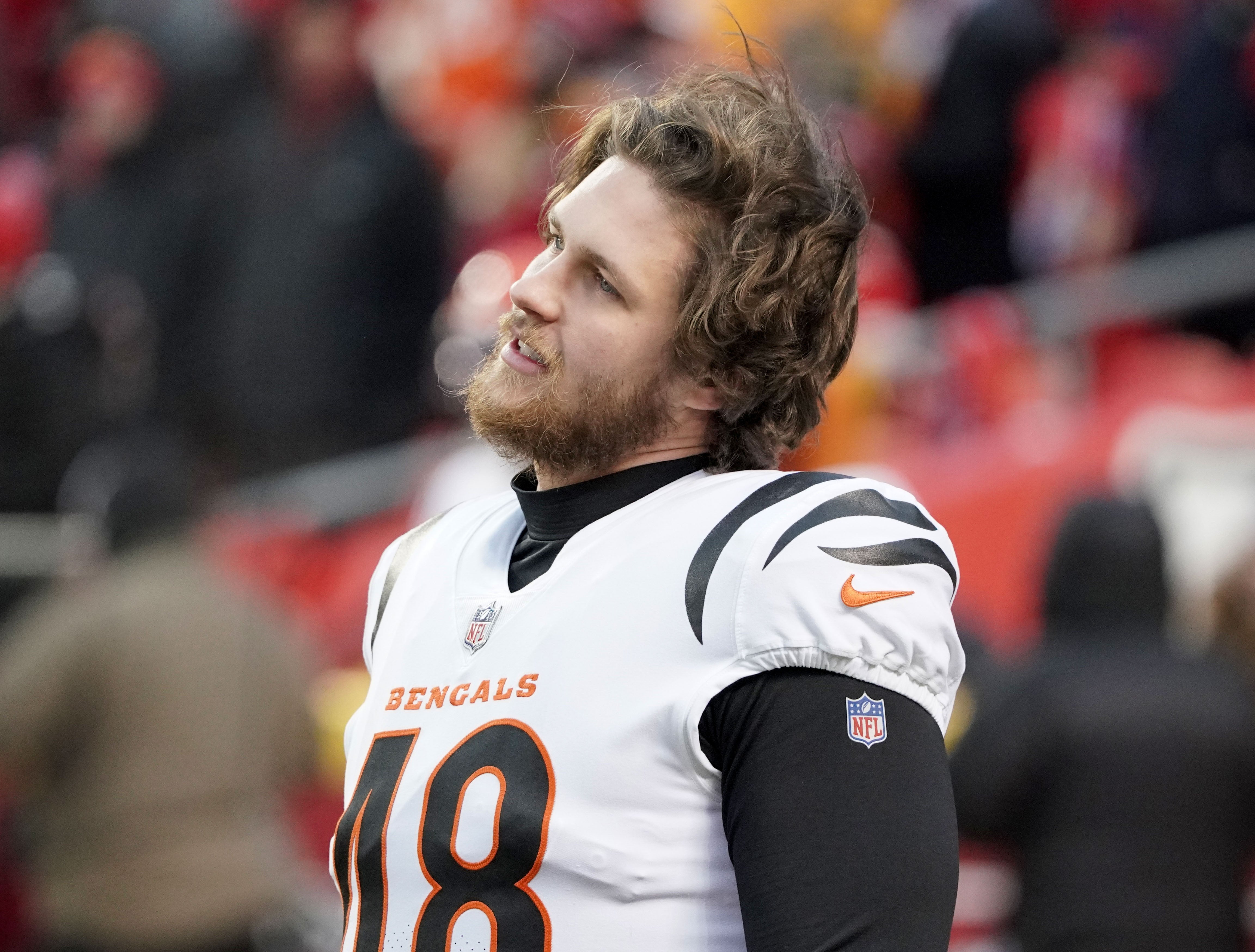 Jan 29, 2023; Kansas City, Missouri, USA; Cincinnati Bengals long snapper Cal Adomitis (48) warms up against the Kansas City Chiefs prior to the AFC Championship game at GEHA Field at Arrowhead Stadium.