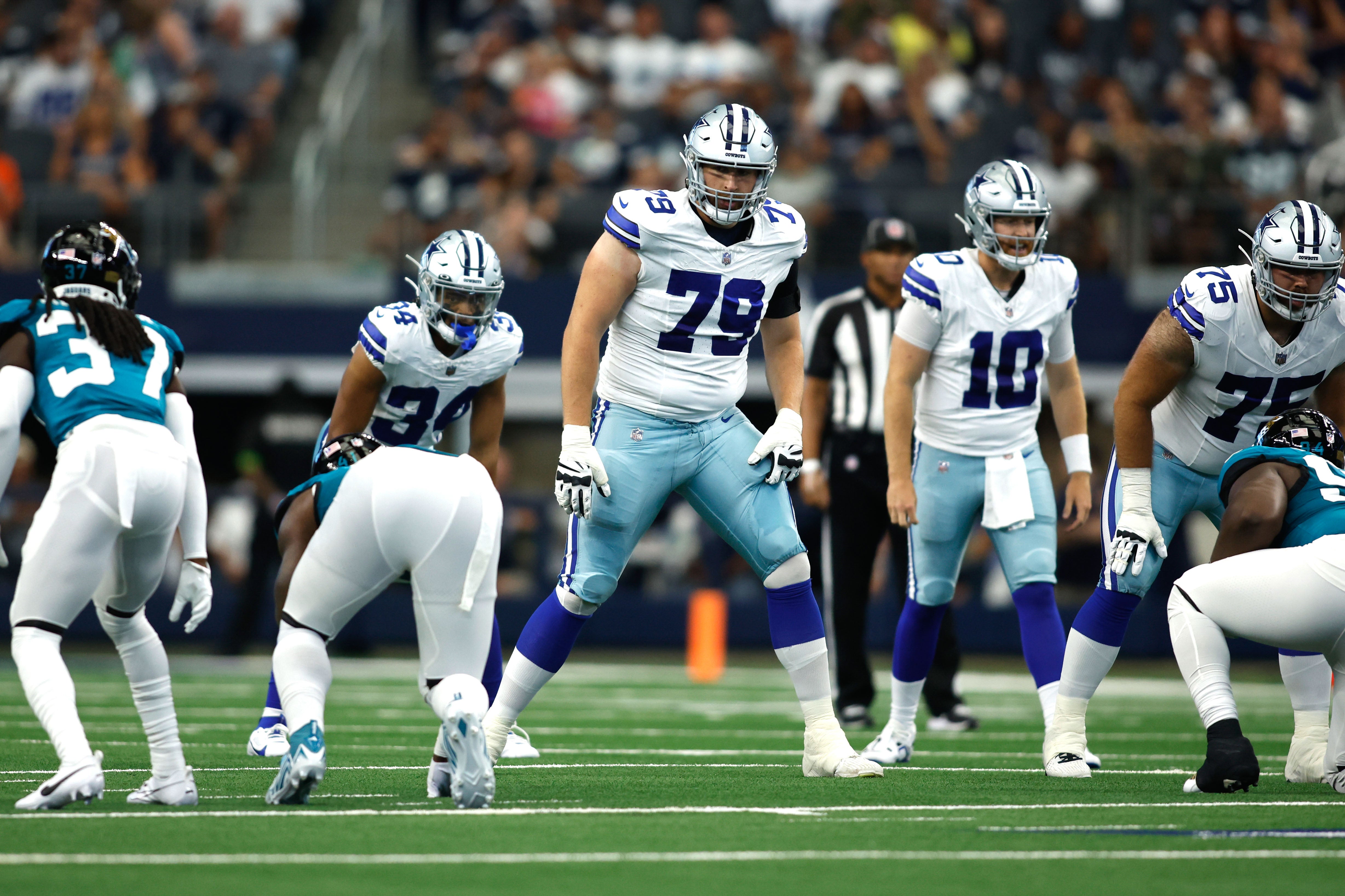 Aug 12, 2023; Arlington, Texas, USA; Dallas Cowboys offensive tackle Matt Waletzko (79) at the line of scrimmage in the game against the Jacksonville Jaguars at AT&T Stadium.