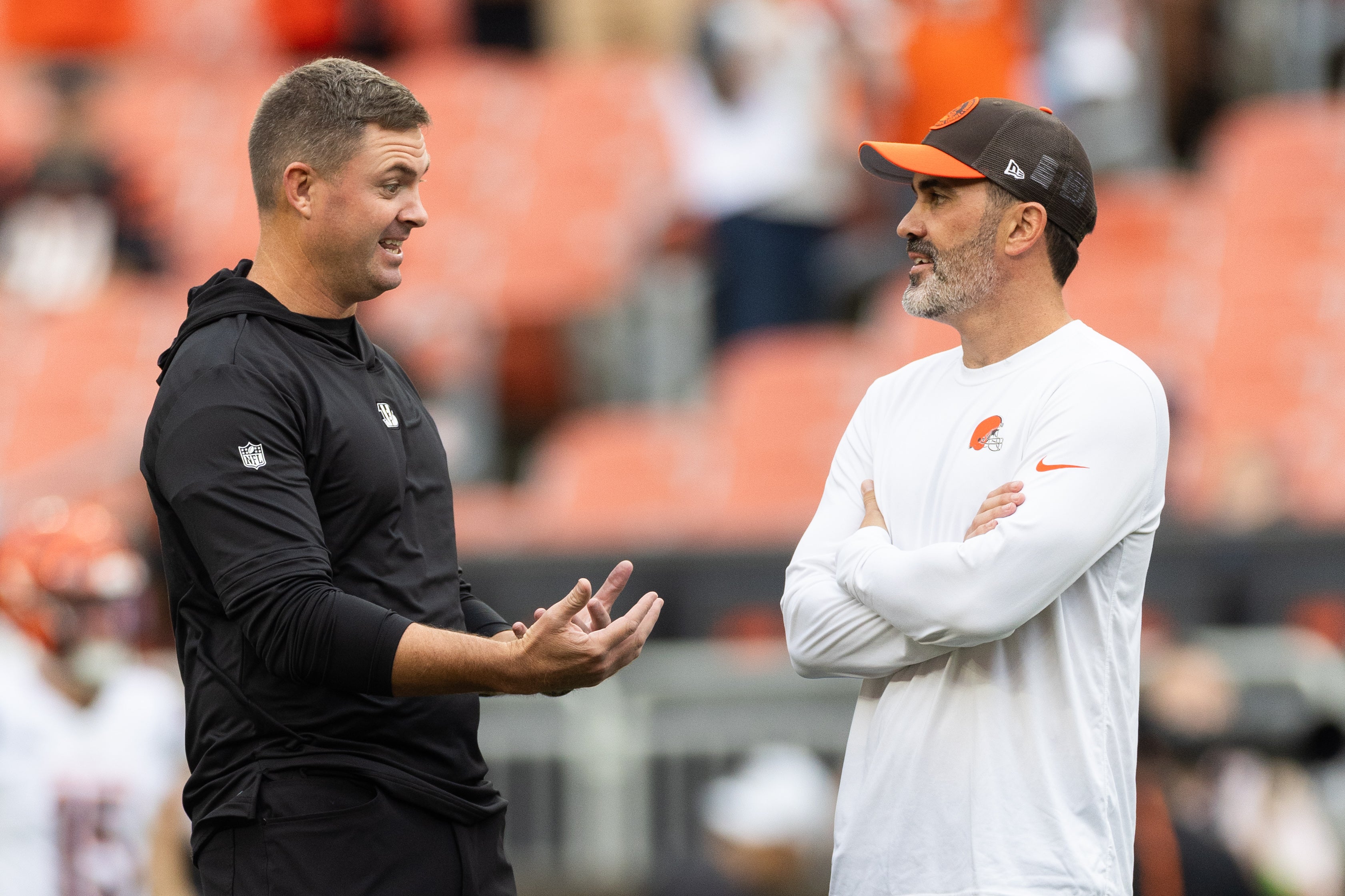 Sep 10, 2023; Cleveland, Ohio, USA; Cincinnati Bengals head coach Zac Taylor and Cleveland Browns head coach Kevin Stefanski talk during warmups before the game at Cleveland Browns Stadium.