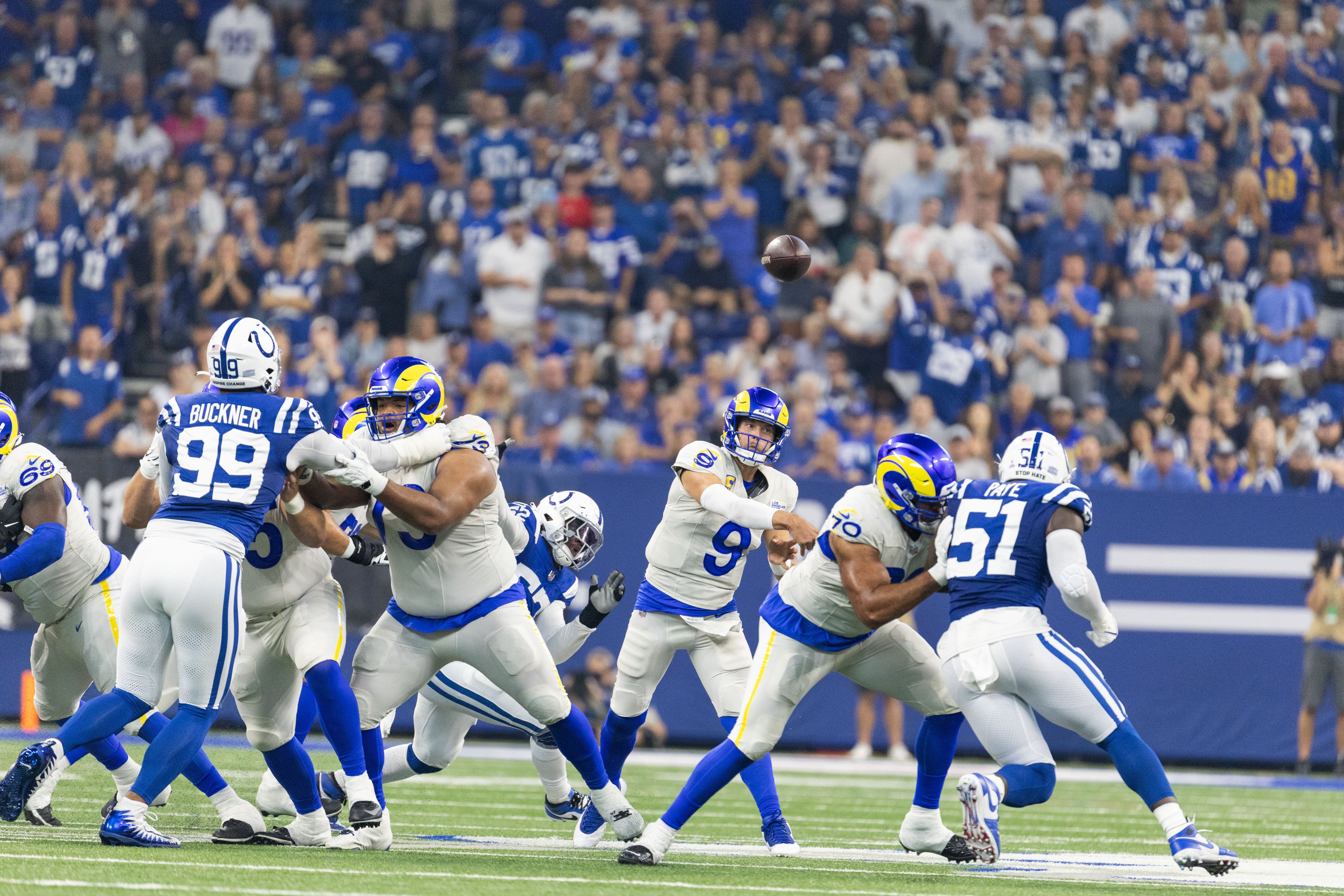 Rams QB Matthew Stafford attempts a pass vs. the Colts