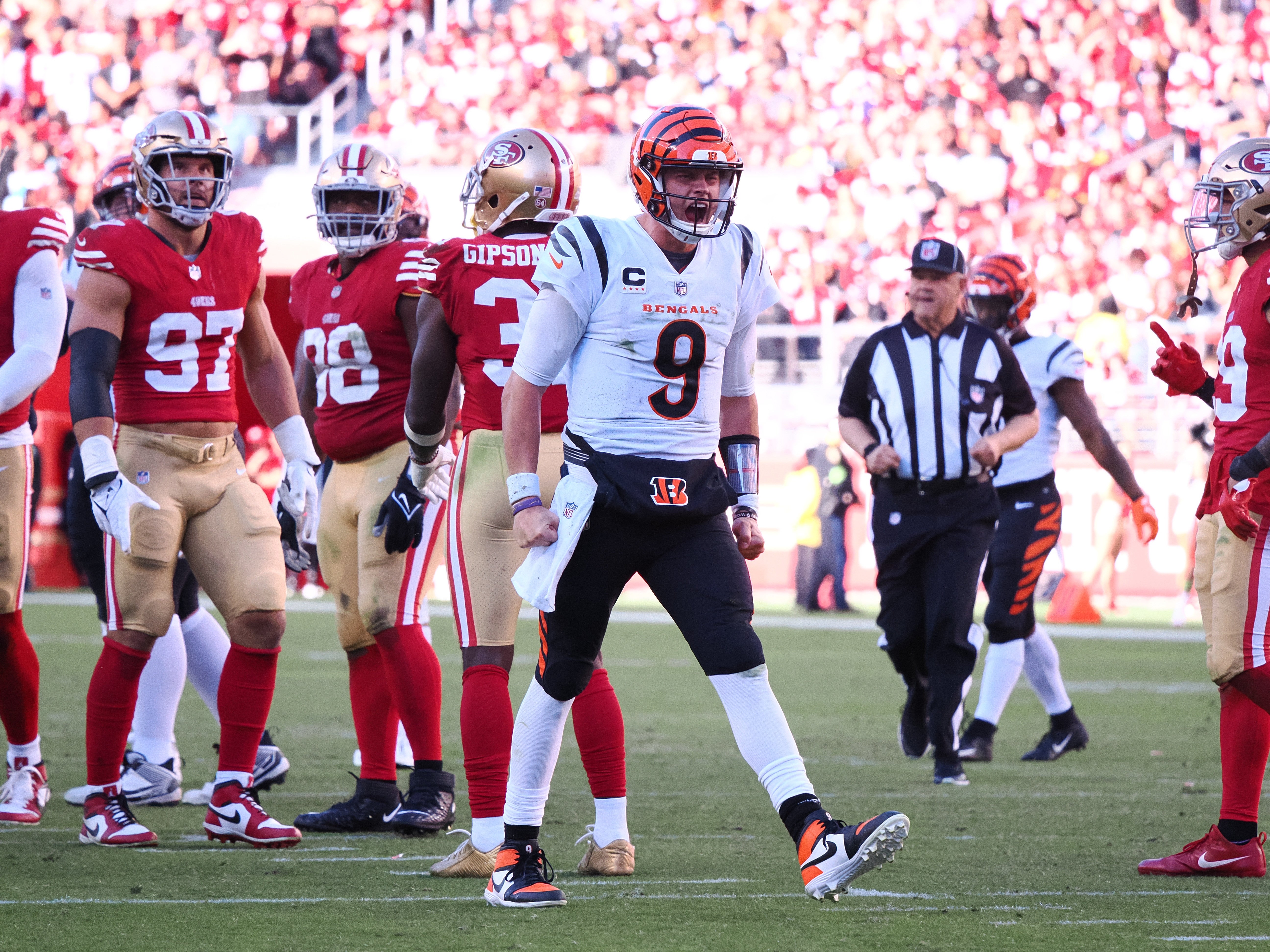 Oct 29, 2023; Santa Clara, California, USA; Cincinnati Bengals quarterback Joe Burrow (9) reacts after making a play against the San Francisco 49ers during the fourth quarter at Levi's Stadium.