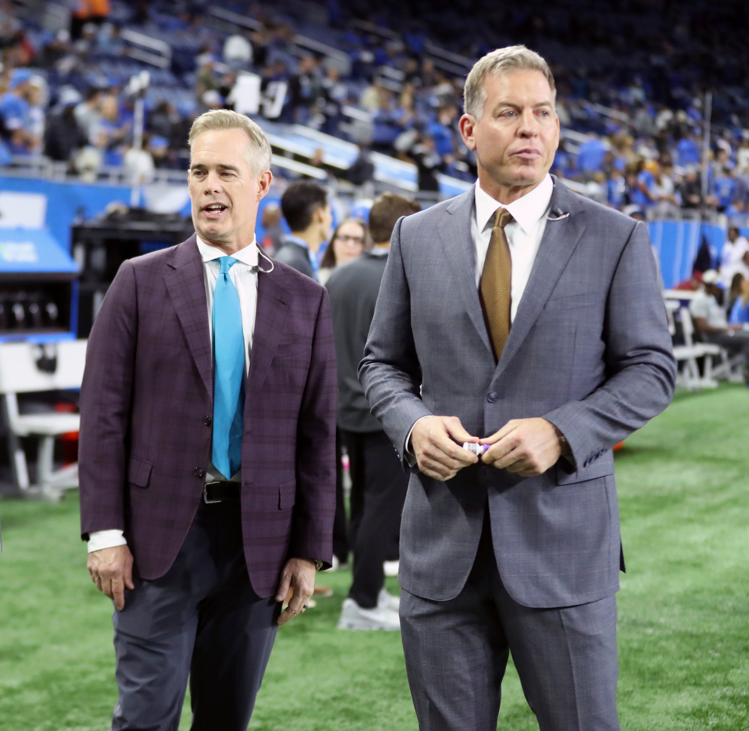 ESPN/ABC Monday Night Football commentators Joe Buck, left, and Troy Aikman before the Detroit Lions vs. Las Vegas Raiders game at Ford Field, Monday, Oct. 30, 2023.