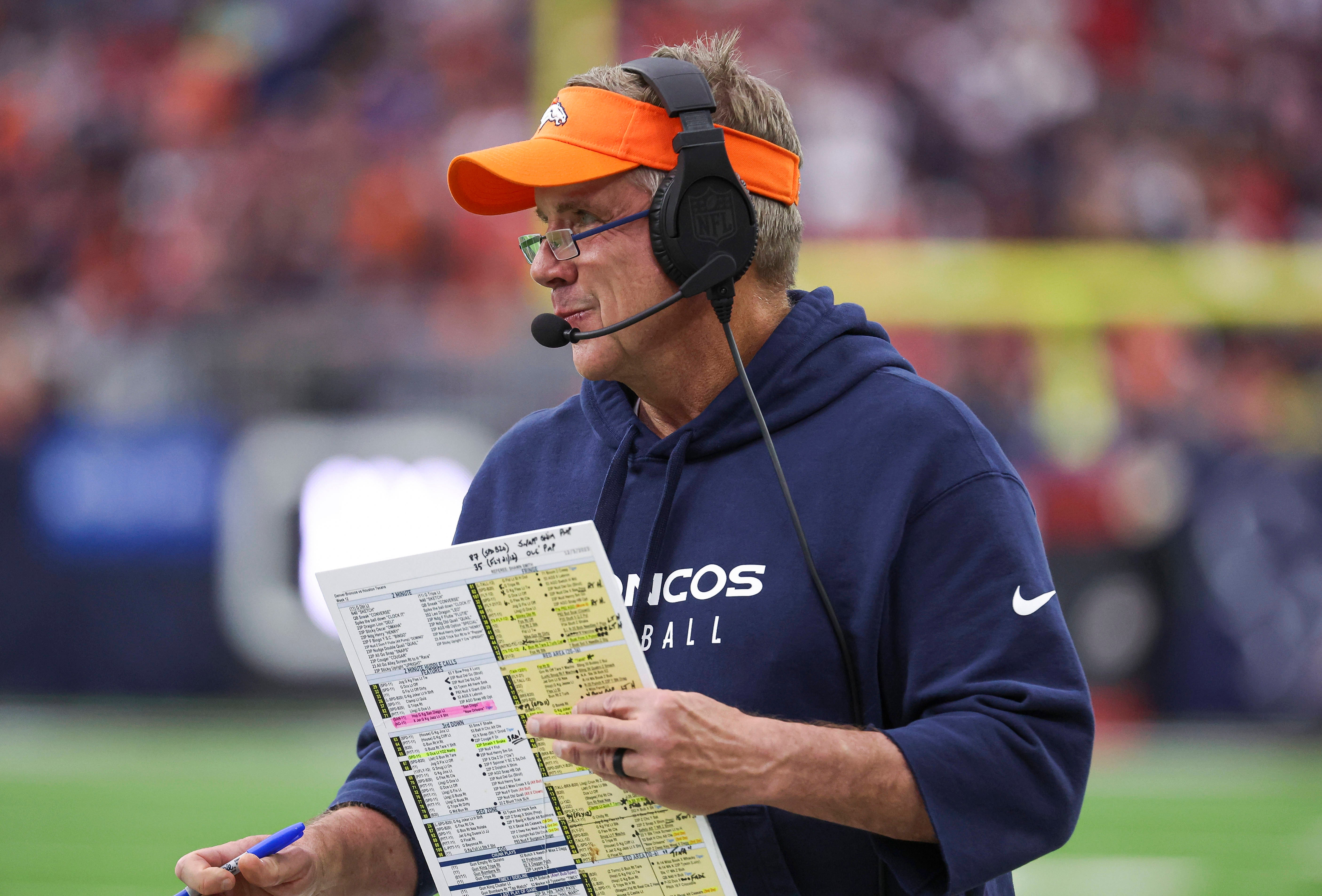 Dec 3, 2023; Houston, Texas, USA; Denver Broncos head coach Sean Payton during the game against the Houston Texans at NRG Stadium.