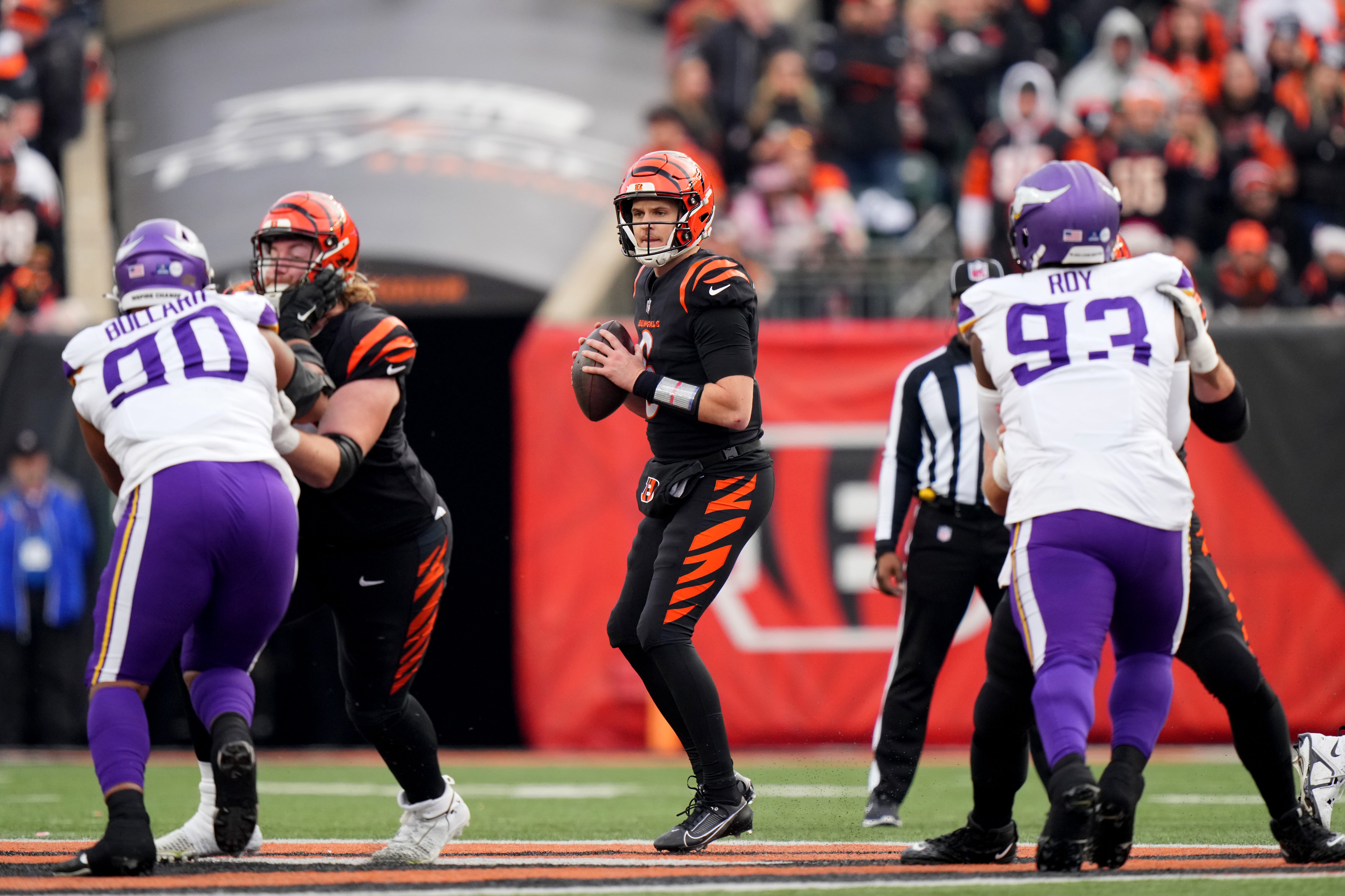 Cincinnati Bengals quarterback Jake Browning (6) drops back to throw in the fourth quarter of a Week 15 NFL football game between the Minnesota Vikings and the Cincinnati Bengals, Saturday, Dec. 16, 2023, at Paycor Stadium in Cincinnati. The Cincinnati Bengals won 27-24 in overtime.