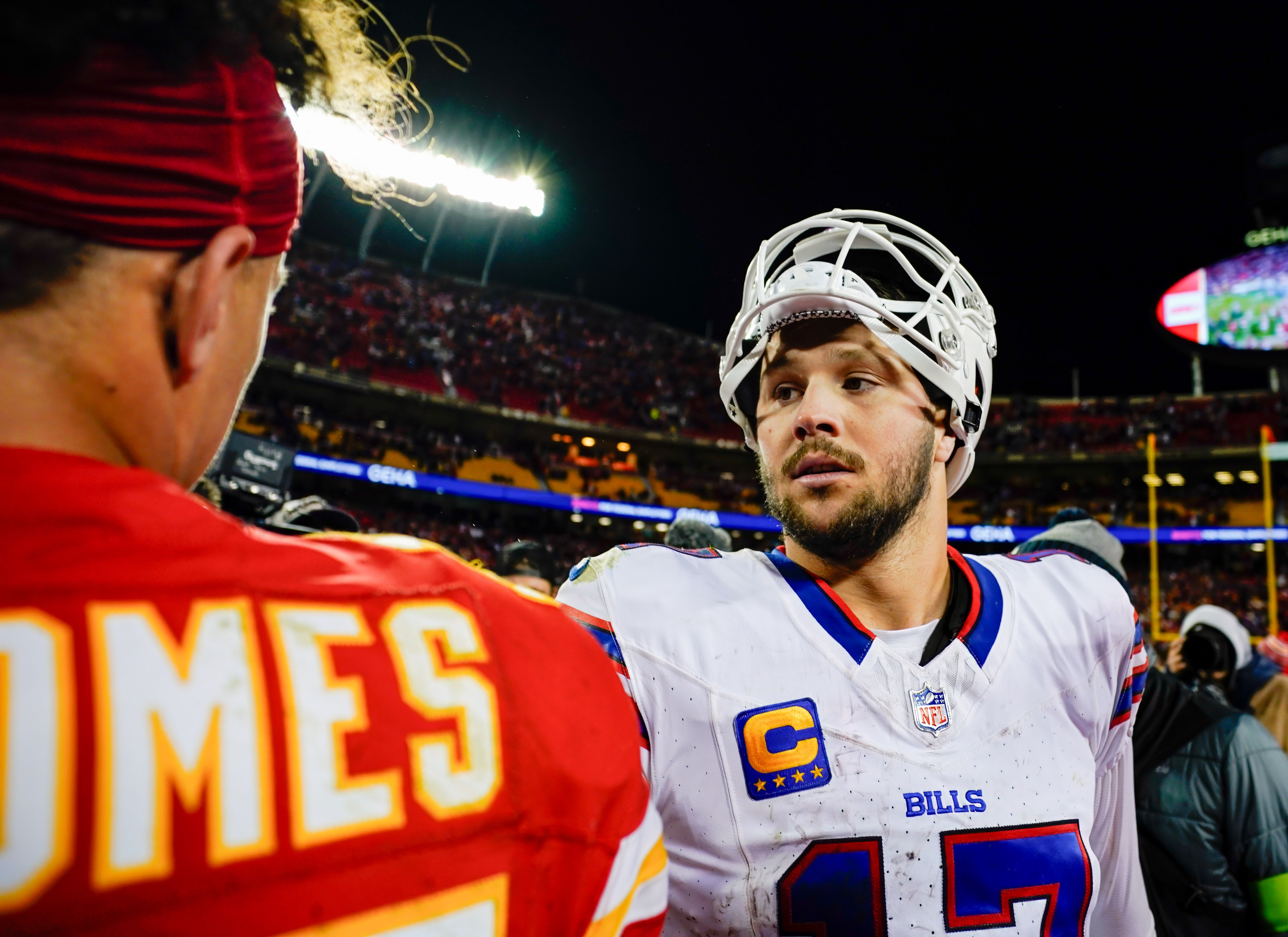 Dec 10, 2023; Kansas City, Missouri, USA; Buffalo Bills quarterback Josh Allen (17) talks with Kansas City Chiefs quarterback Patrick Mahomes (15) after a game at GEHA Field at Arrowhead Stadium.
