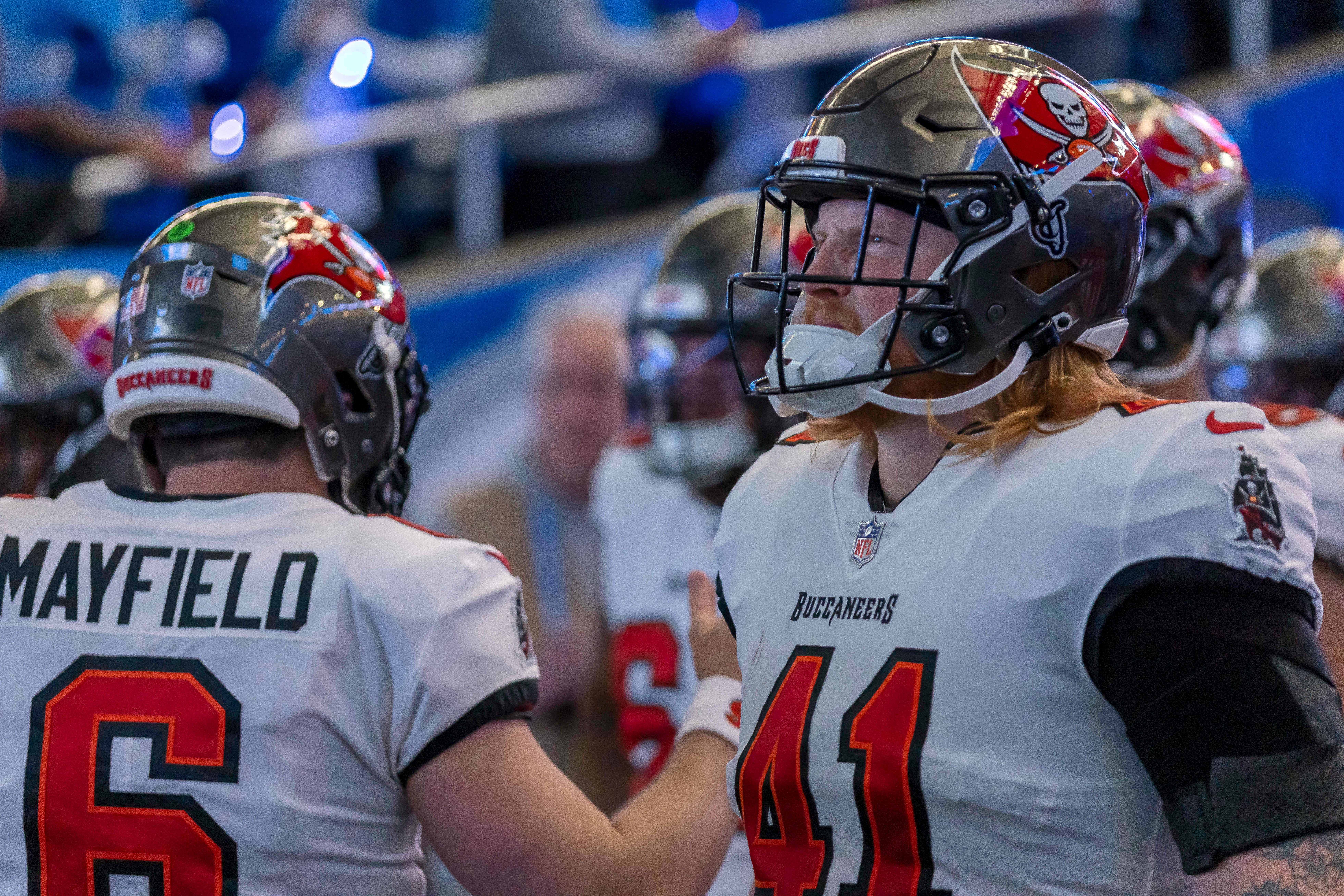 Jan 21, 2024; Detroit, Michigan, USA; Tampa Bay Buccaneers tight end Ko Kieft (41) looks on before a 2024 NFC divisional round game against the Detroit Lions at Ford Field.